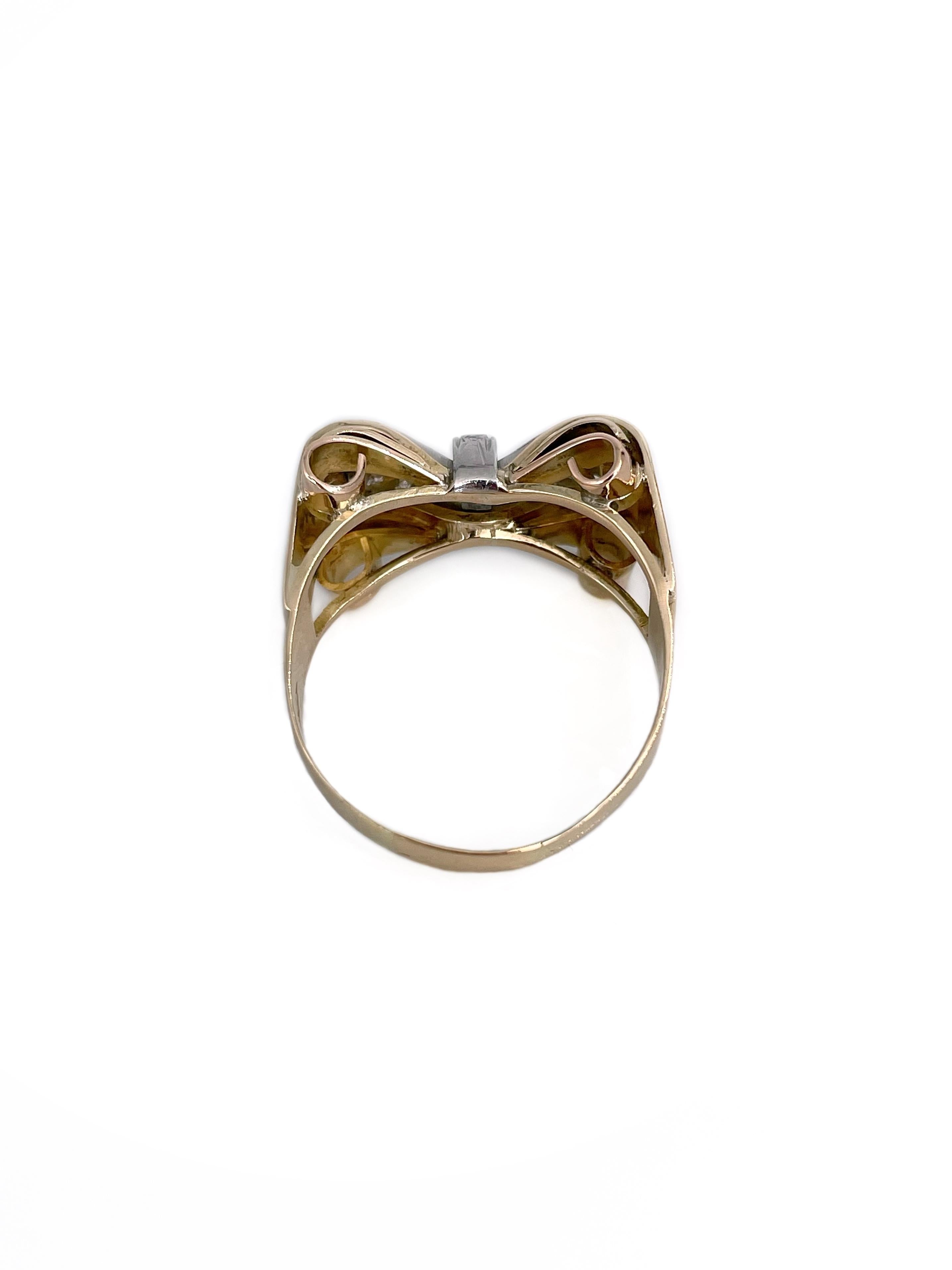 Anello da cocktail a forma di fiocco con diamante in oro 18 carati Art Deco In condizioni buone in vendita a Vilnius, Vilniaus apskr.