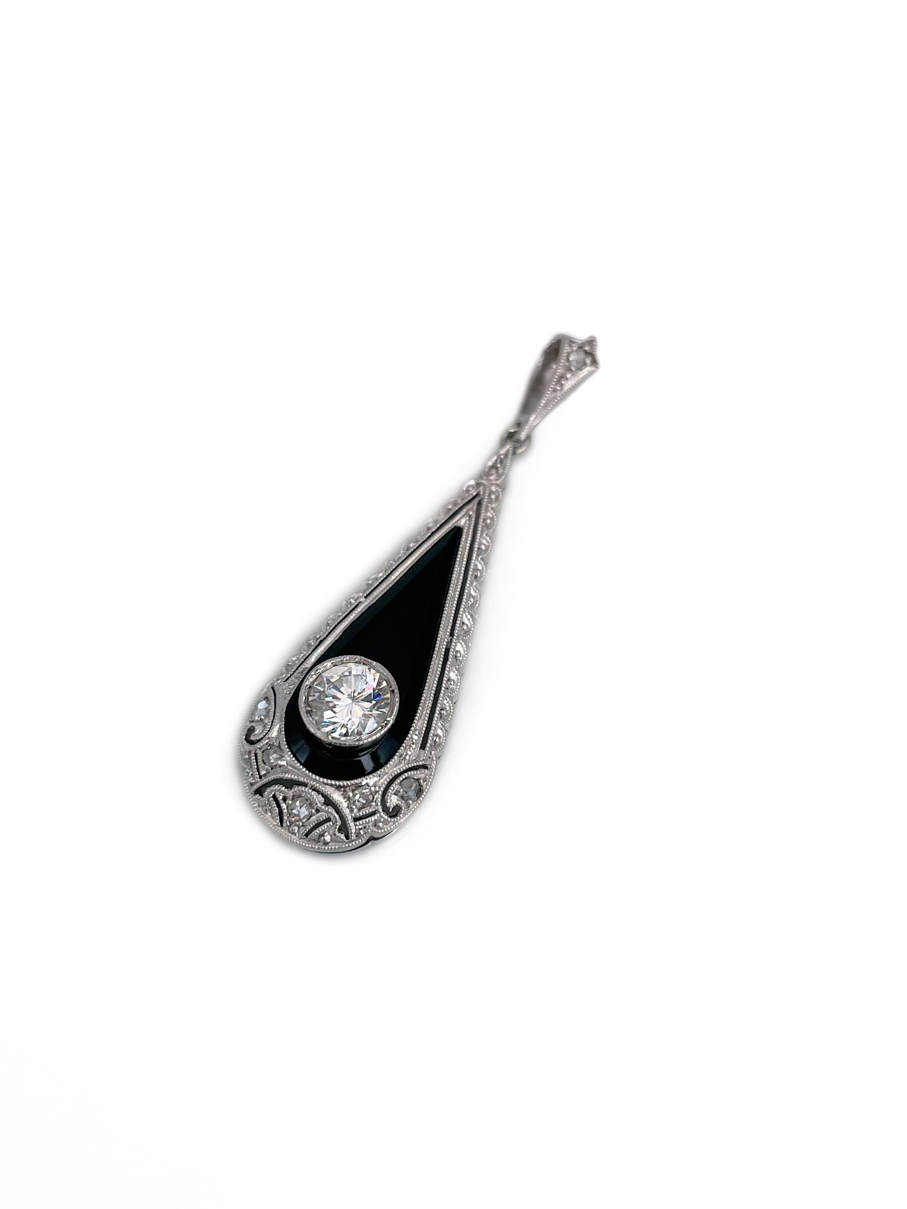 Art Deco 18 Karat Gold 0,43 Karat Diamant Schwarzer Chalcedon-Tropfen-Anhänger mit Chalcedon (Art déco)