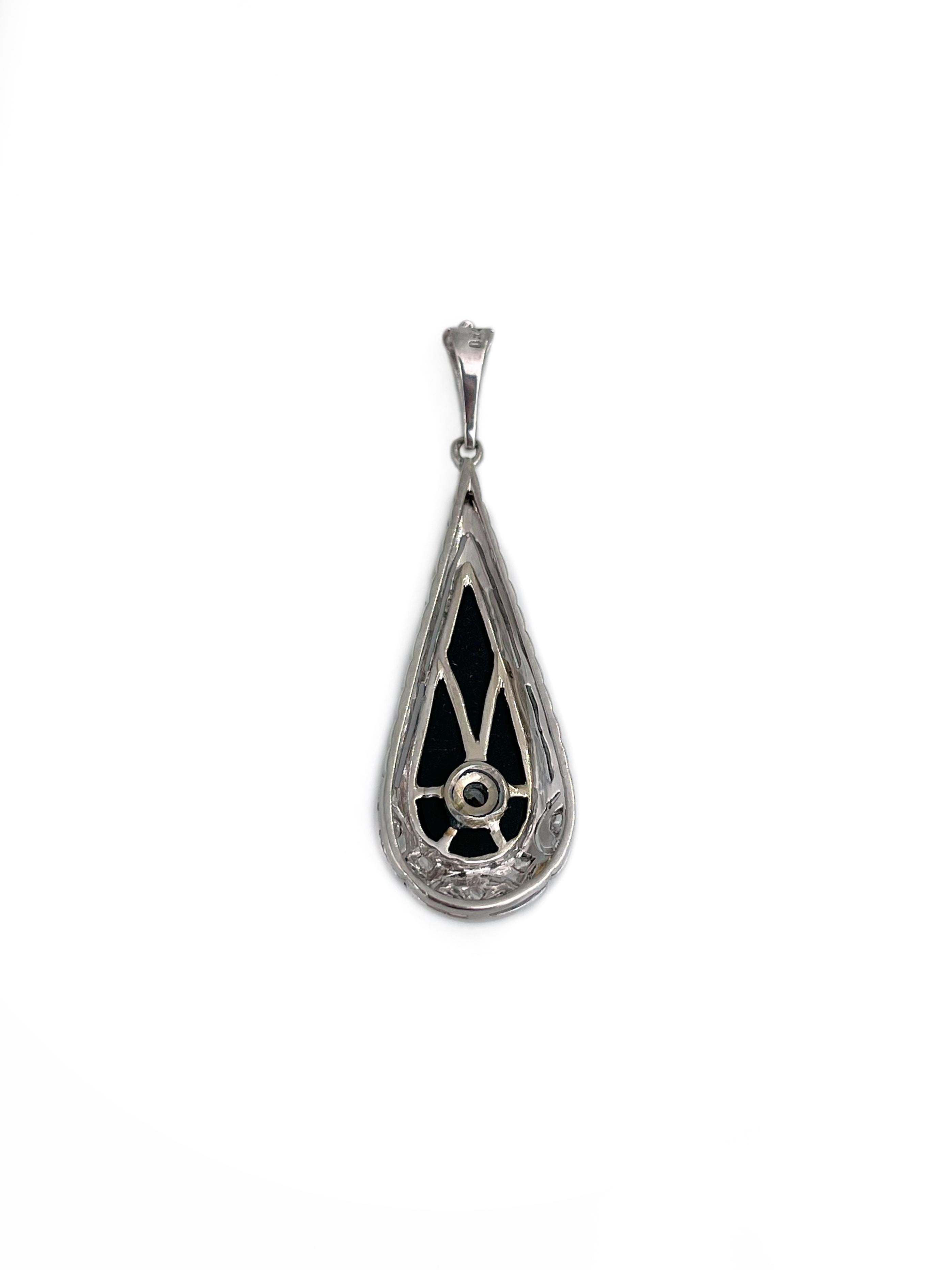 Art Deco 18 Karat Gold 0,43 Karat Diamant Schwarzer Chalcedon-Tropfen-Anhänger mit Chalcedon im Zustand „Gut“ in Vilnius, Vilniaus apskr.