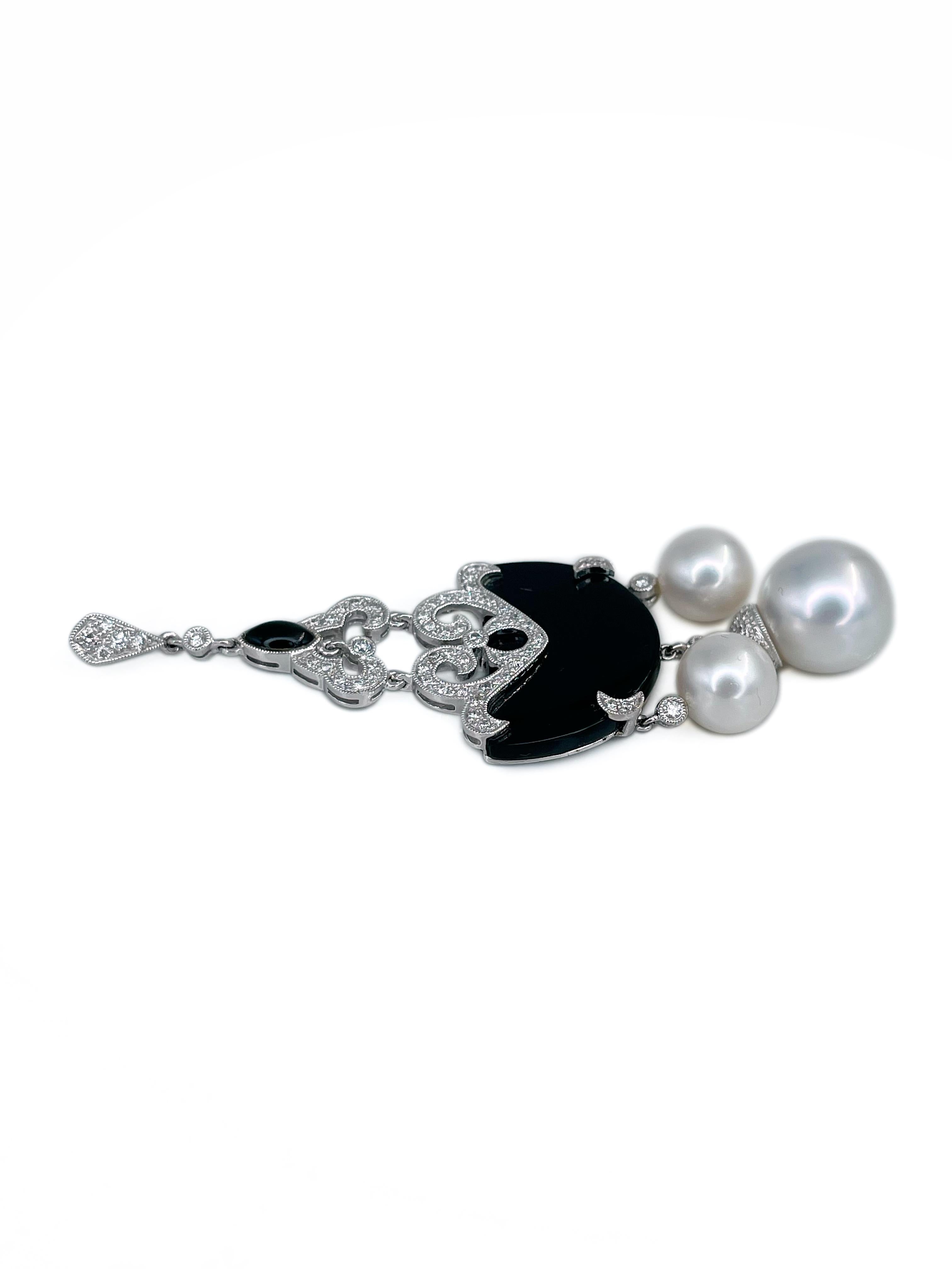 Mixed Cut Art Deco 18 Karat Gold 0.40 Carat Diamond Onyx Pearl Drop Pendant Necklace For Sale