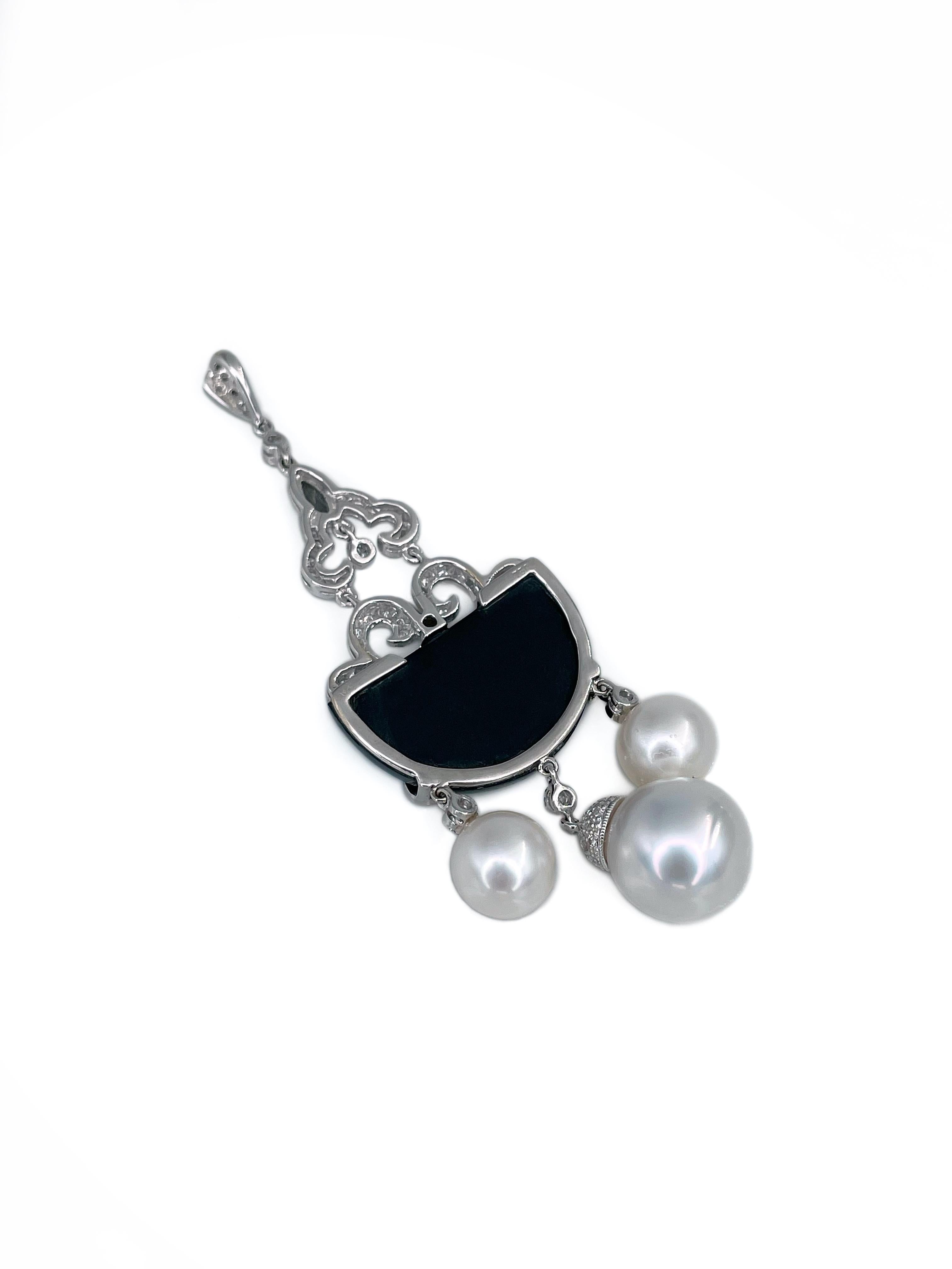 Women's Art Deco 18 Karat Gold 0.40 Carat Diamond Onyx Pearl Drop Pendant Necklace For Sale