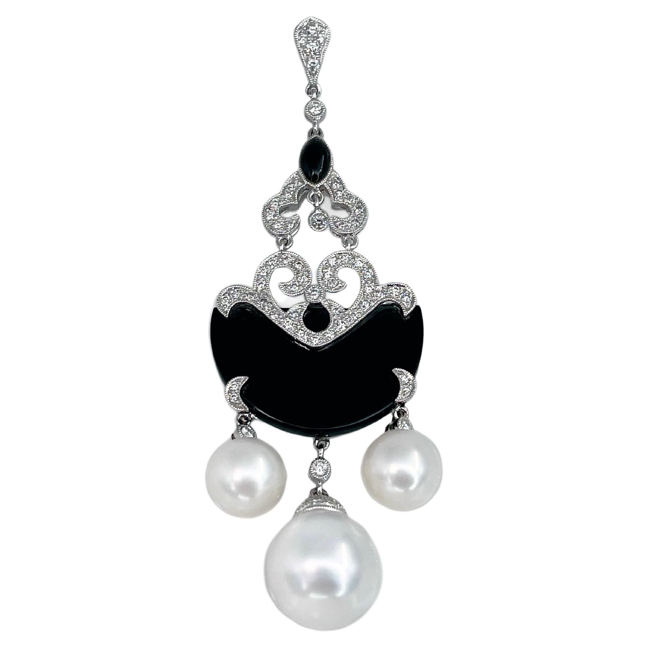 Art Deco 18 Karat Gold 0.40 Carat Diamond Onyx Pearl Drop Pendant Necklace For Sale