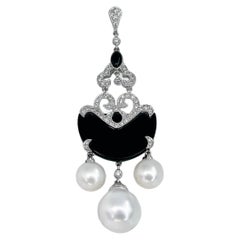 Art Deco 18 Karat Gold 0.40 Carat Diamond Onyx Pearl Drop Pendant Necklace
