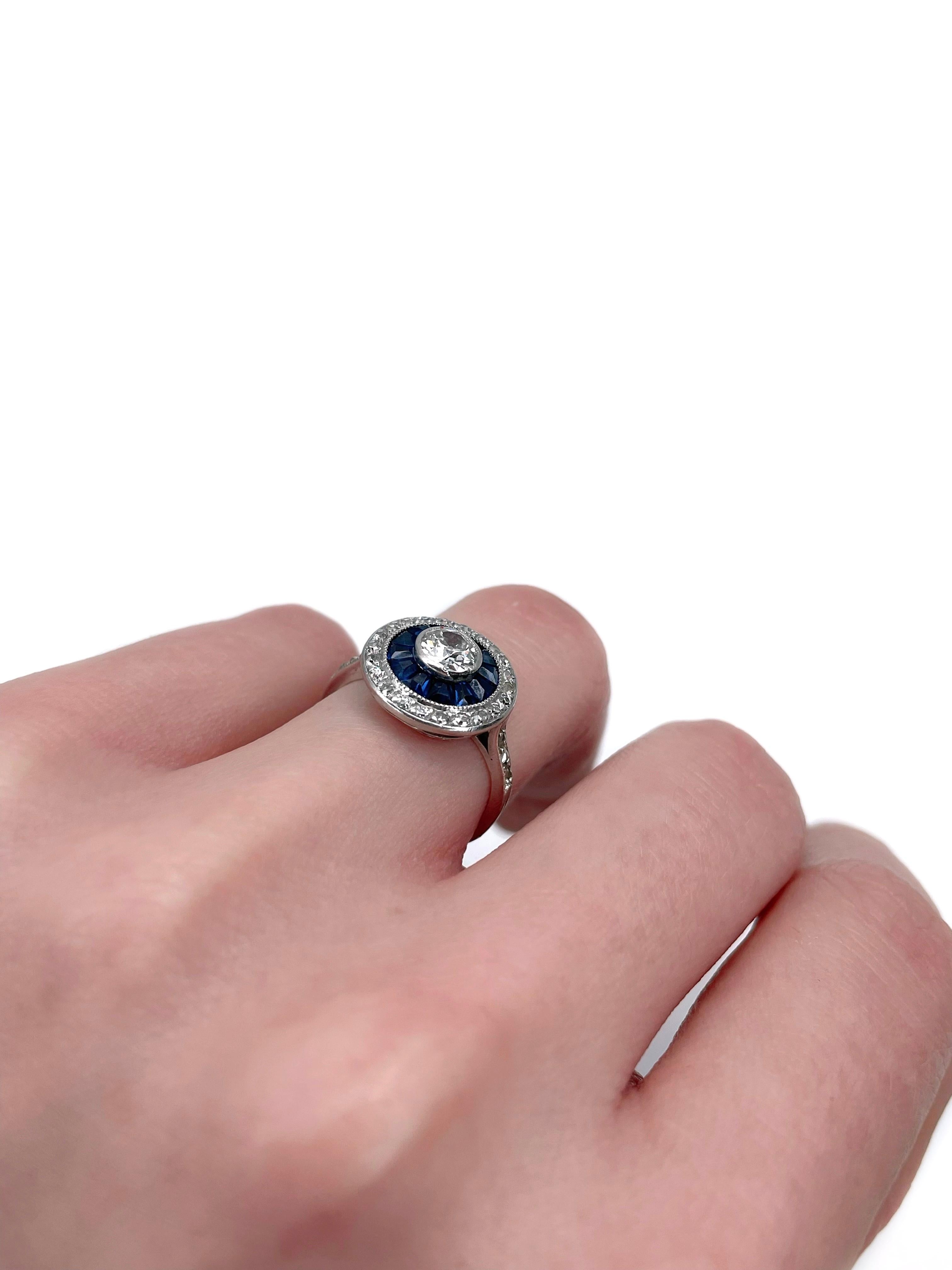 Mixed Cut Art Deco 18 Karat Gold Diamond Sapphire Target Cluster Ring