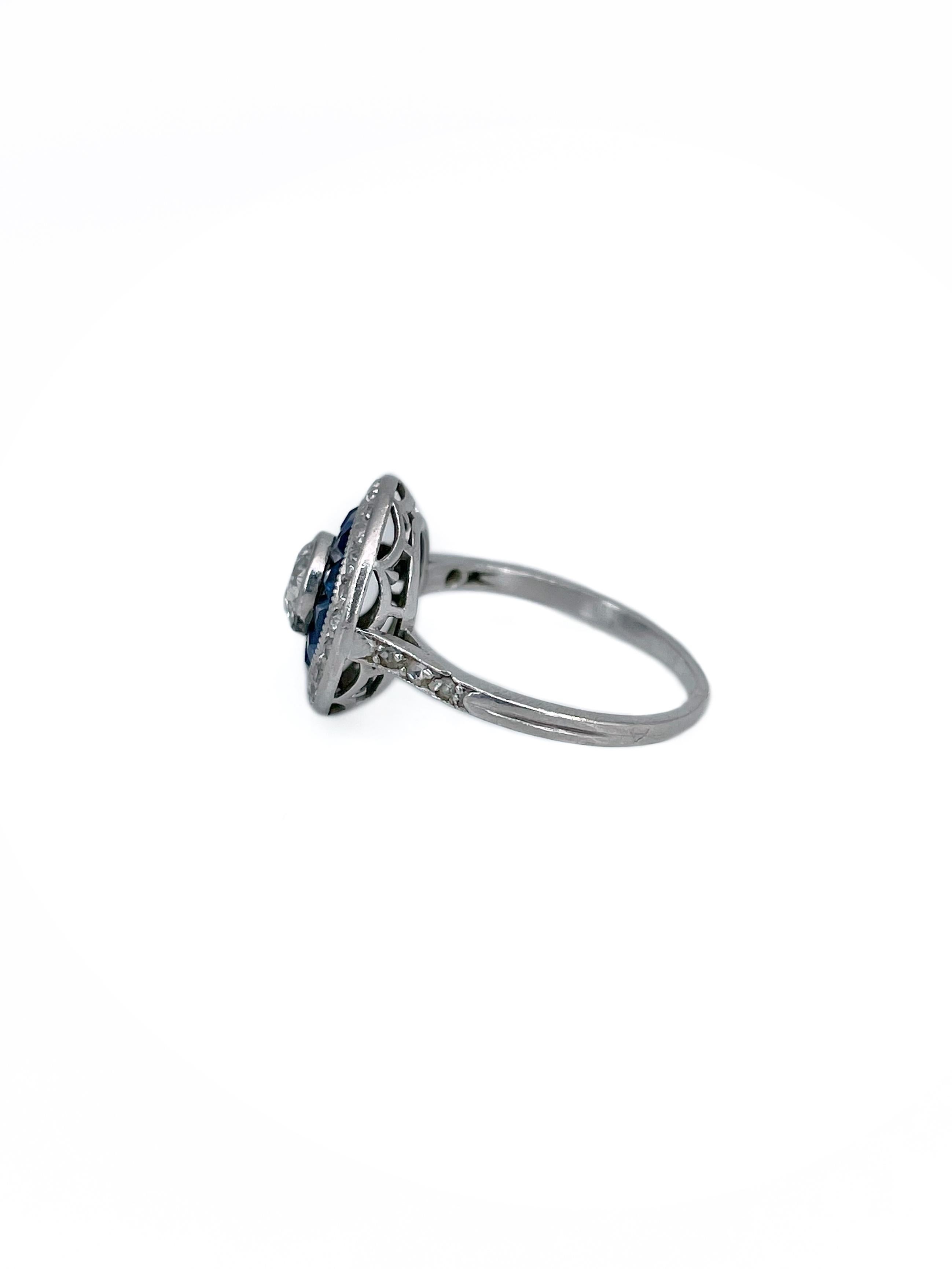 Art Deco 18 Karat Gold Diamond Sapphire Target Cluster Ring In Good Condition In Vilnius, Vilniaus apskr.