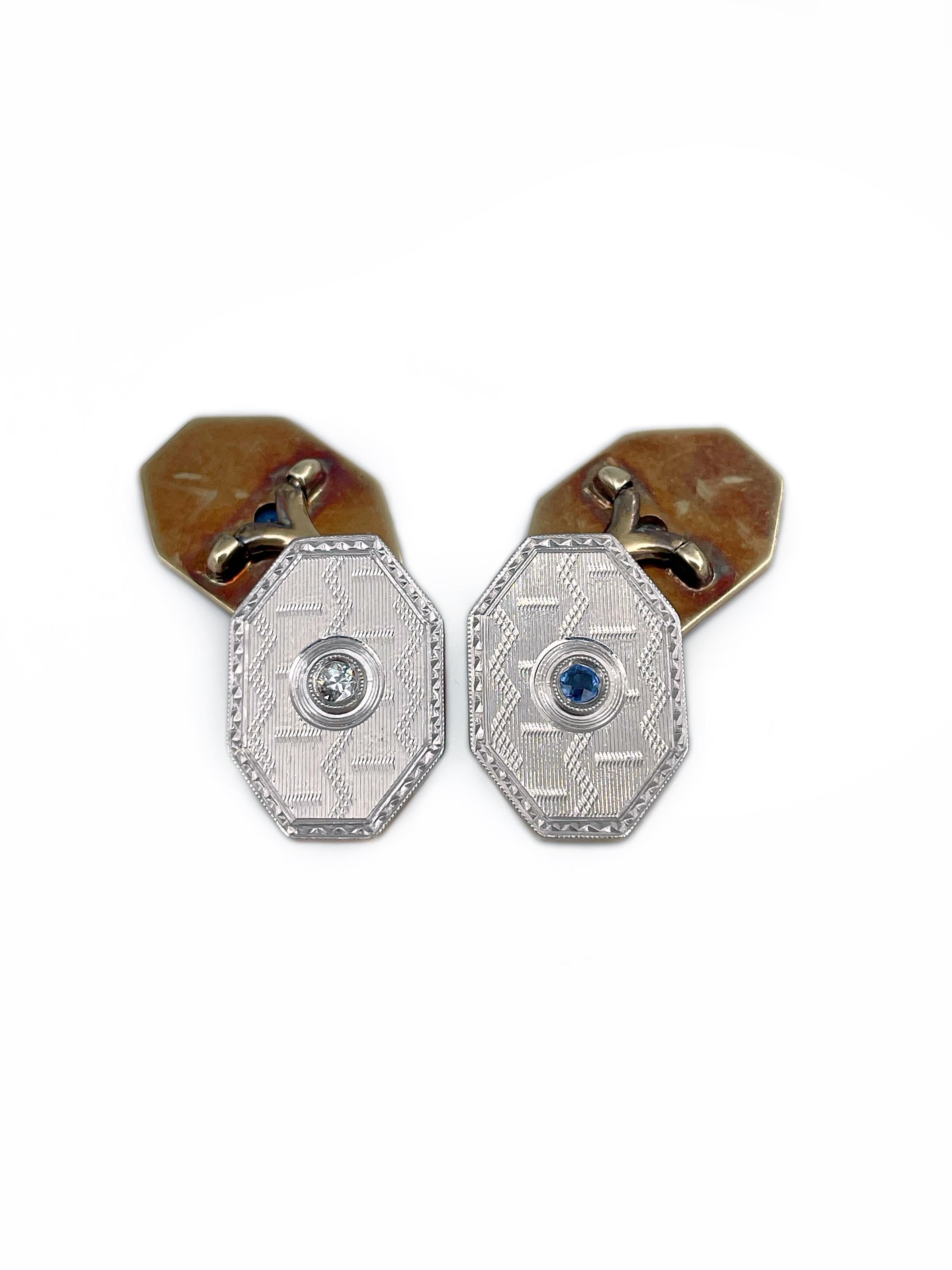 This is a pair of an Art Deco textured rectangle cufflinks crafted in 18K gold. Circa 1920. 

The piece features 2 sapphires and 2 diamonds. 

Head size: 1.7x1.2cm
Height: 2cm
Weight: 11.47g

———

If you have any questions, please feel free to ask.