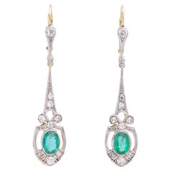 Art Deco, 18 Karat Gold, Emerald 
Diamond Drop Earrings