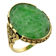 Art Deco 18 Karat Gold Hand Carved Natural Jadeite Floral Ring