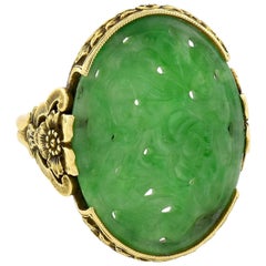 Art Deco 18 Karat Gold Hand Carved Natural Jadeite Floral Ring