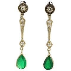 Antique Art Deco 18 Karat Gold Ladies Clip-On Earrings with Emeralds and Diamonds, 1920s