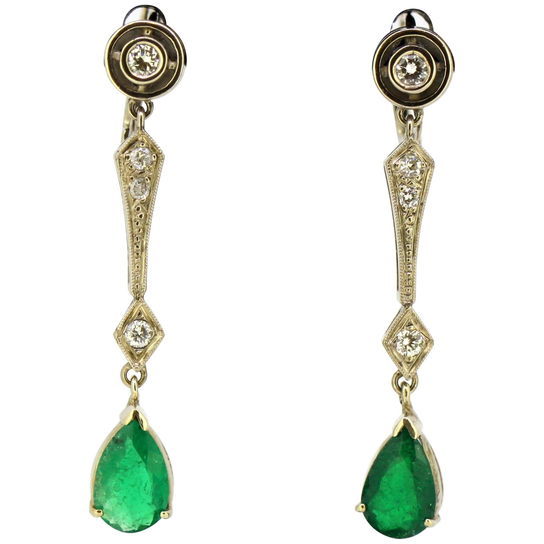 Art Deco 18 Karat Gold Ladies Stud/Clip-On Earrings with Emeralds and Diamonds