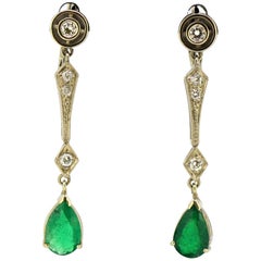 Antique Art Deco 18 Karat Gold Ladies Stud/Clip-On Earrings with Emeralds and Diamonds