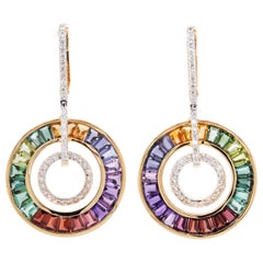 18 Karat Gold Art-Deco Style Rainbow Gemstones Diamond Circular Dangle Earrings
