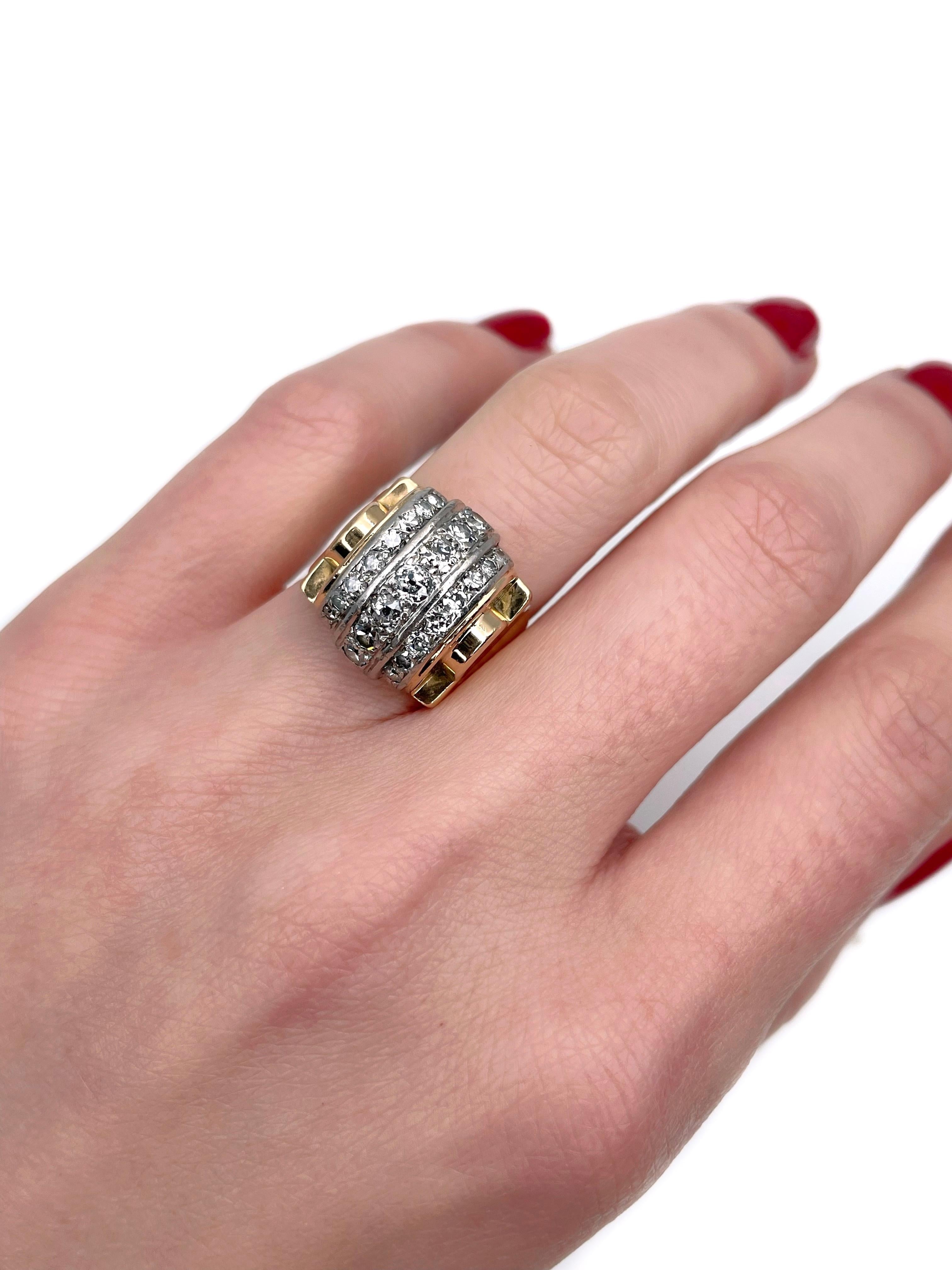 This is an Art Deco cocktail ring crafted in 18K gold. Circa 1930. 

The piece features:
- 7 diamonds, old cut/RBC-17, TW 0.38ct, RW-W, VS-P2
- 16 diamonds, RBC, TW 0.35ct, RW-W, VS-P2 

Weight: 13.54g 
Size: 15.75 (US 5)

IMPORTANT: please ask
