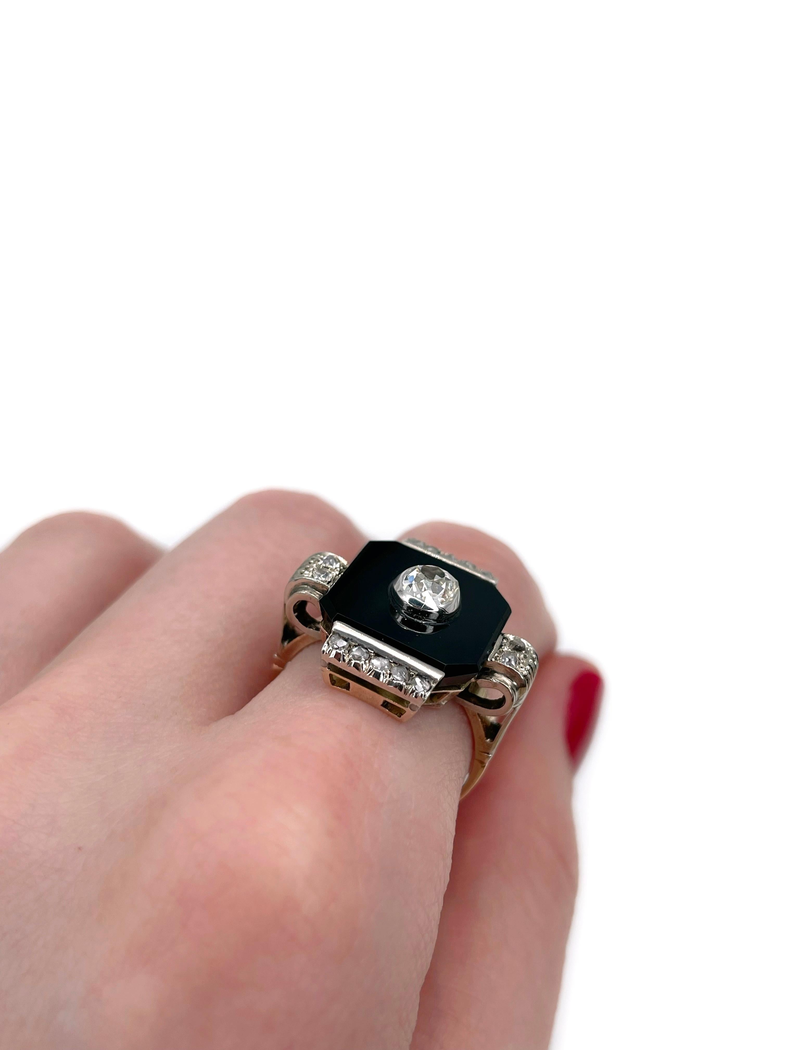 Taille mixte Bague rectangulaire Art déco en or 14 carats avec calcédoine noire et diamants de 0,81 carat poids total en vente