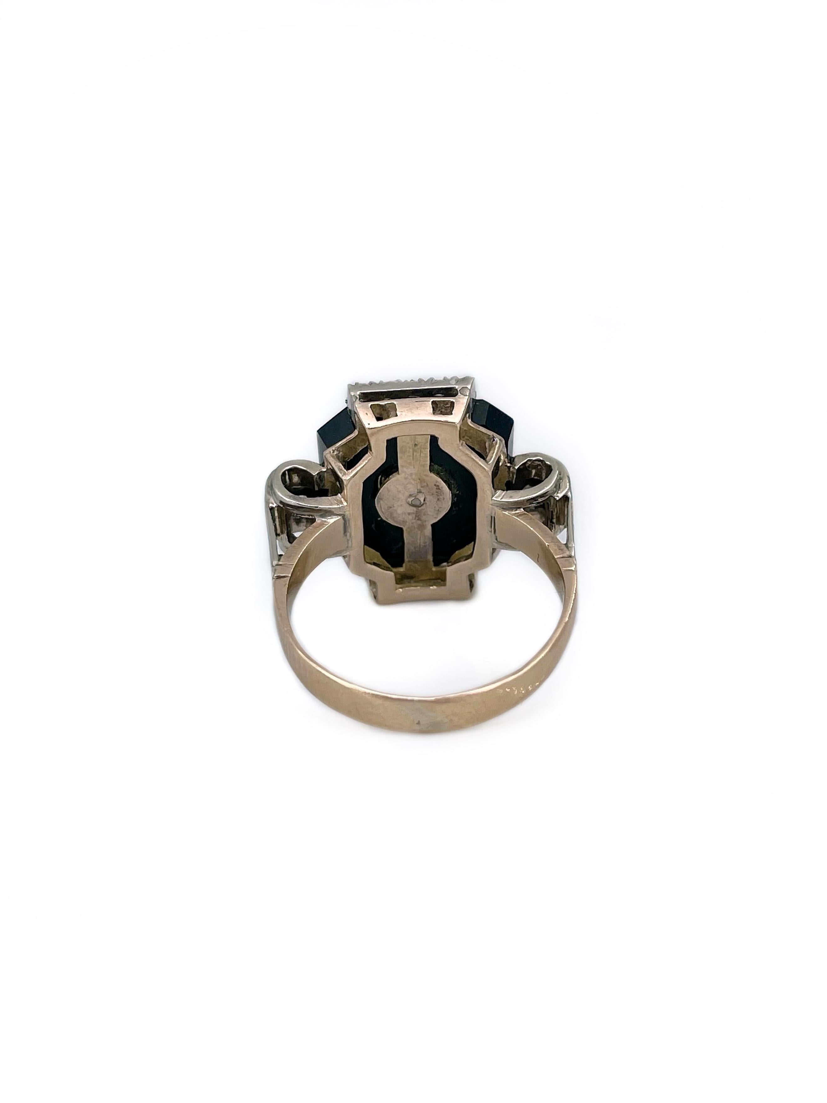 Bague rectangulaire Art déco en or 14 carats avec calcédoine noire et diamants de 0,81 carat poids total Unisexe en vente