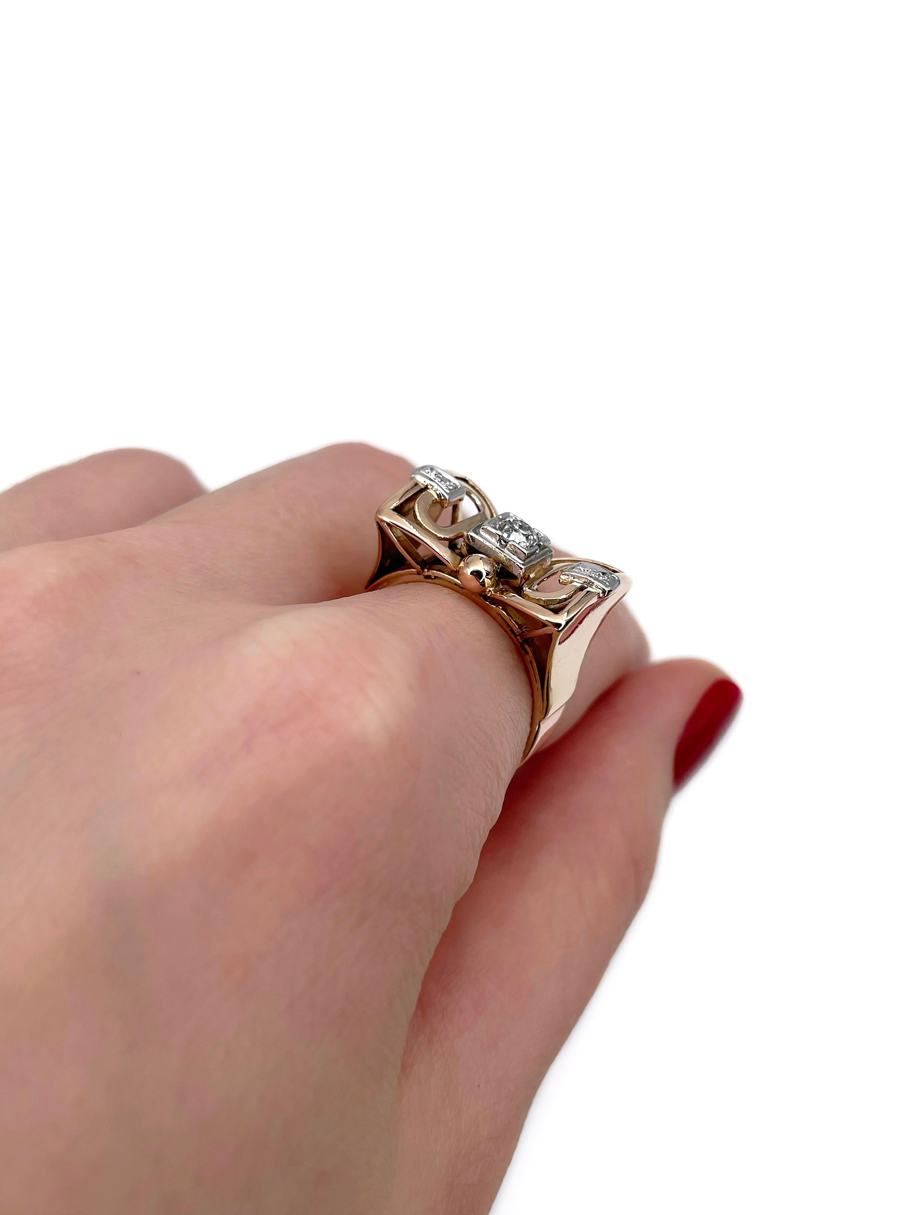 Art Deco 14 Karat Gold TW 0,26 Karat Diamant-Cocktailring mit durchbrochener Schleife (Art déco)
