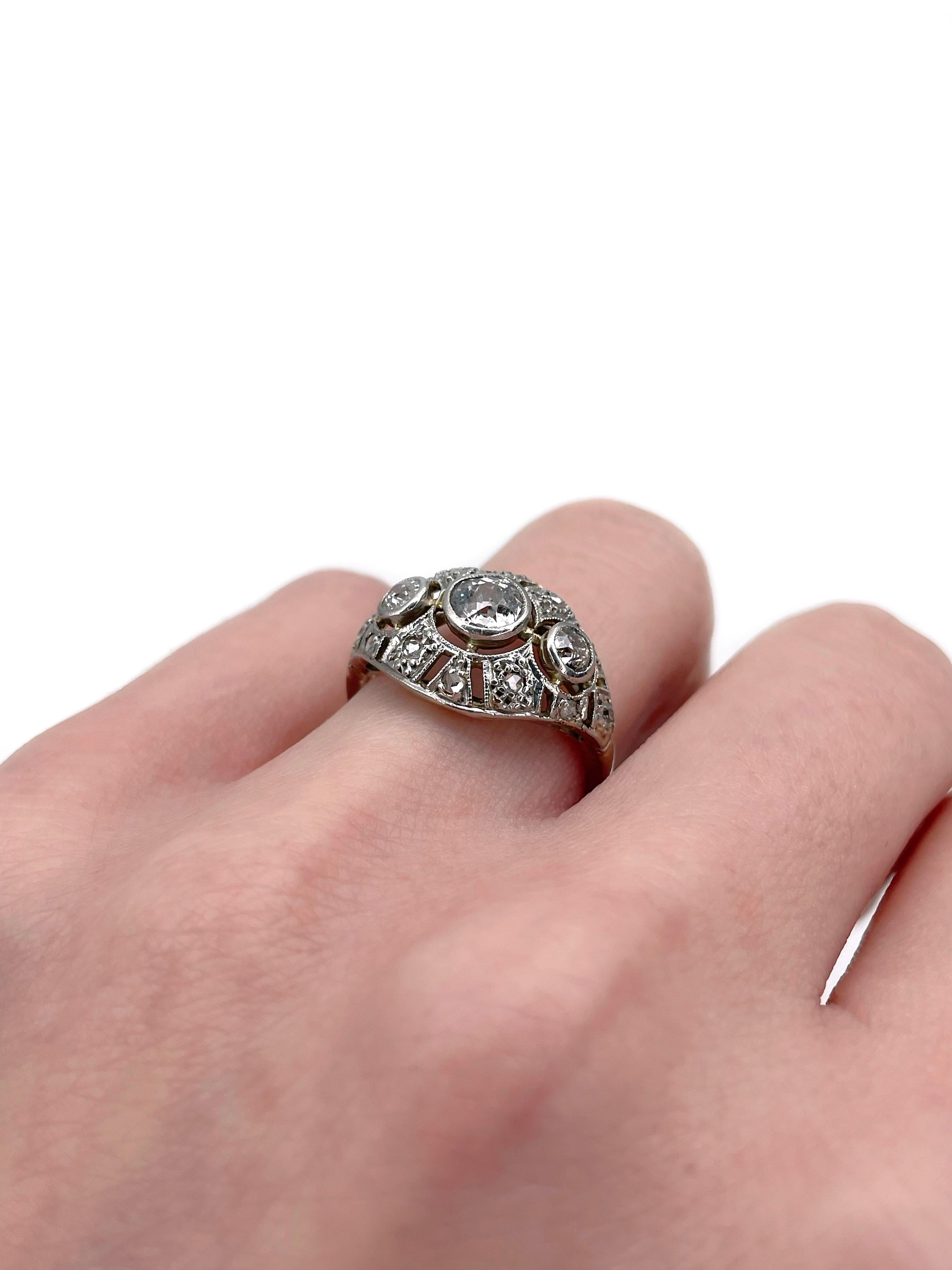 Round Cut Art Deco 14 Karat Gold 0.86 Carat Old Cut Diamond Openwork Cocktail Ring For Sale