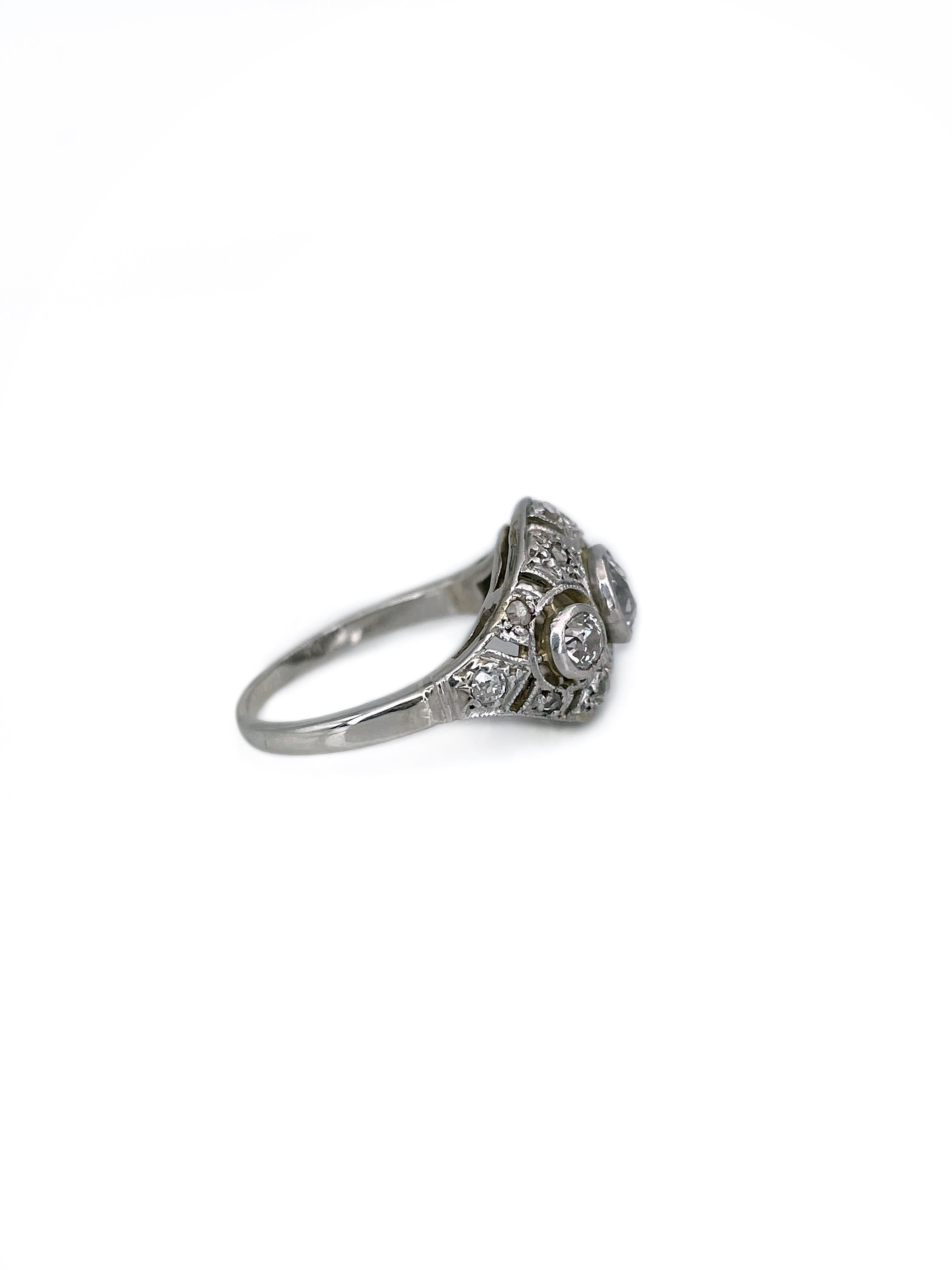 Art Deco 14 Karat Gold 0.86 Carat Old Cut Diamond Openwork Cocktail Ring In Good Condition For Sale In Vilnius, Vilniaus apskr.