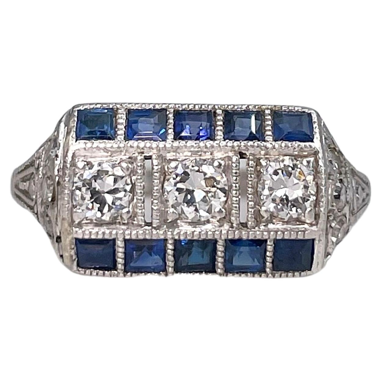 Art Deco 18 Karat Gold Old Cut Diamond Sapphire Three Stone Ring