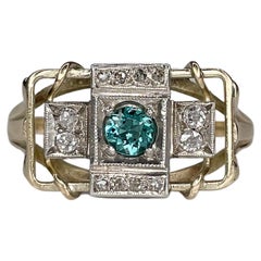 Antique Art Deco 18 Karat Gold Paraiba Tourmaline Old Cut Diamond Rectangle Ring