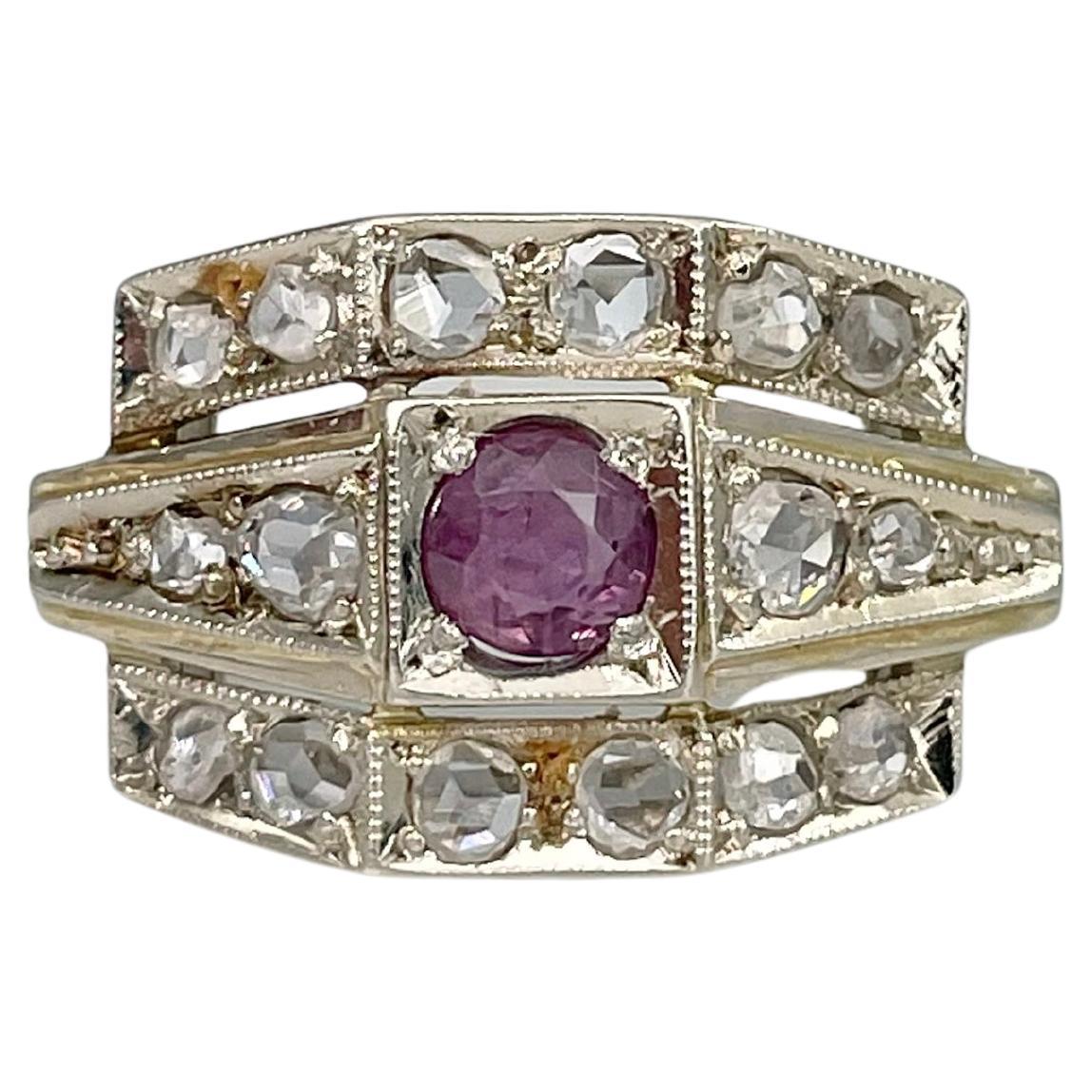 Art Deco 18 Karat Gold Rosa Saphir Rose Cut Diamant Cocktail Ring im Angebot