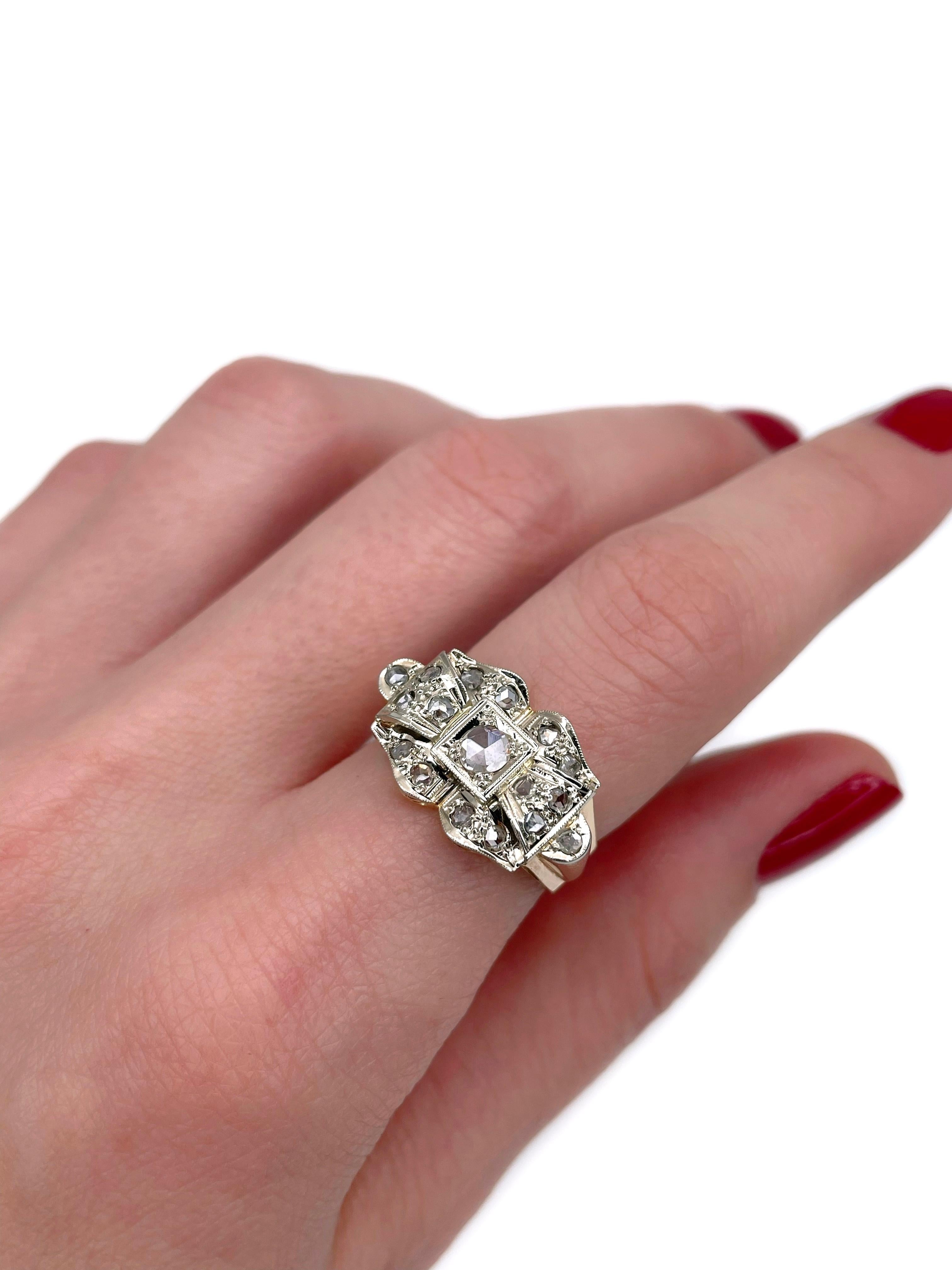 This is an Art Deco cocktail ring crafted in 18K gold. Circa 1930. 

The piece features 17 rose cut diamonds: TW 0.40ct, RW-W, SI-P1.

Signed “750”

Weight: 5.43g 
Size: 17.25 (US 7)

IMPORTANT: please ask about the possibility to resize before