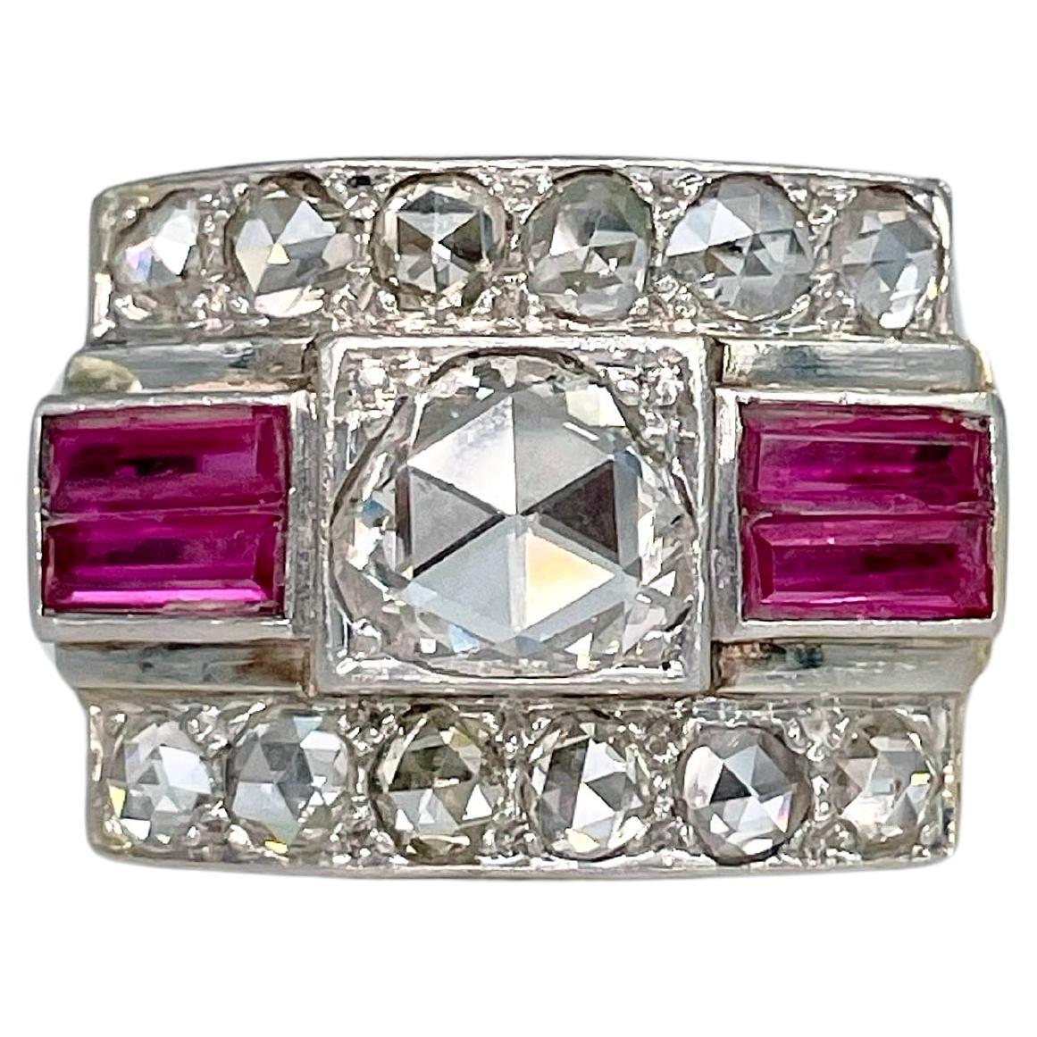 Art Deco 18 Karat Gold 1.75 Carat Rose Cut Diamond Ruby Cocktail Ring