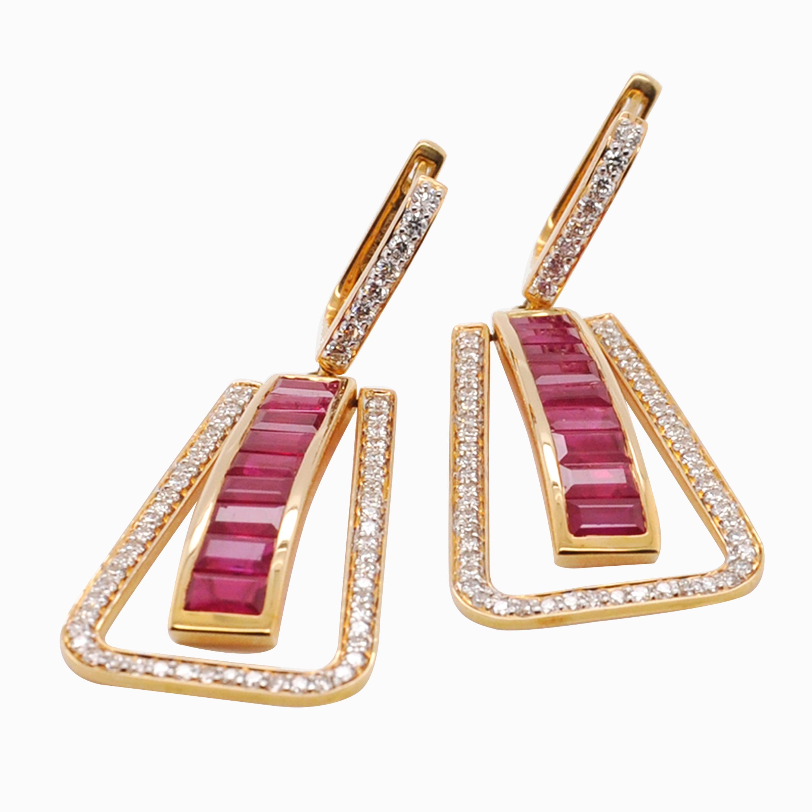 Baguette Cut Art Deco Style 18 Karat Gold Channel Set Ruby Baguette Diamond Linear Earrings For Sale