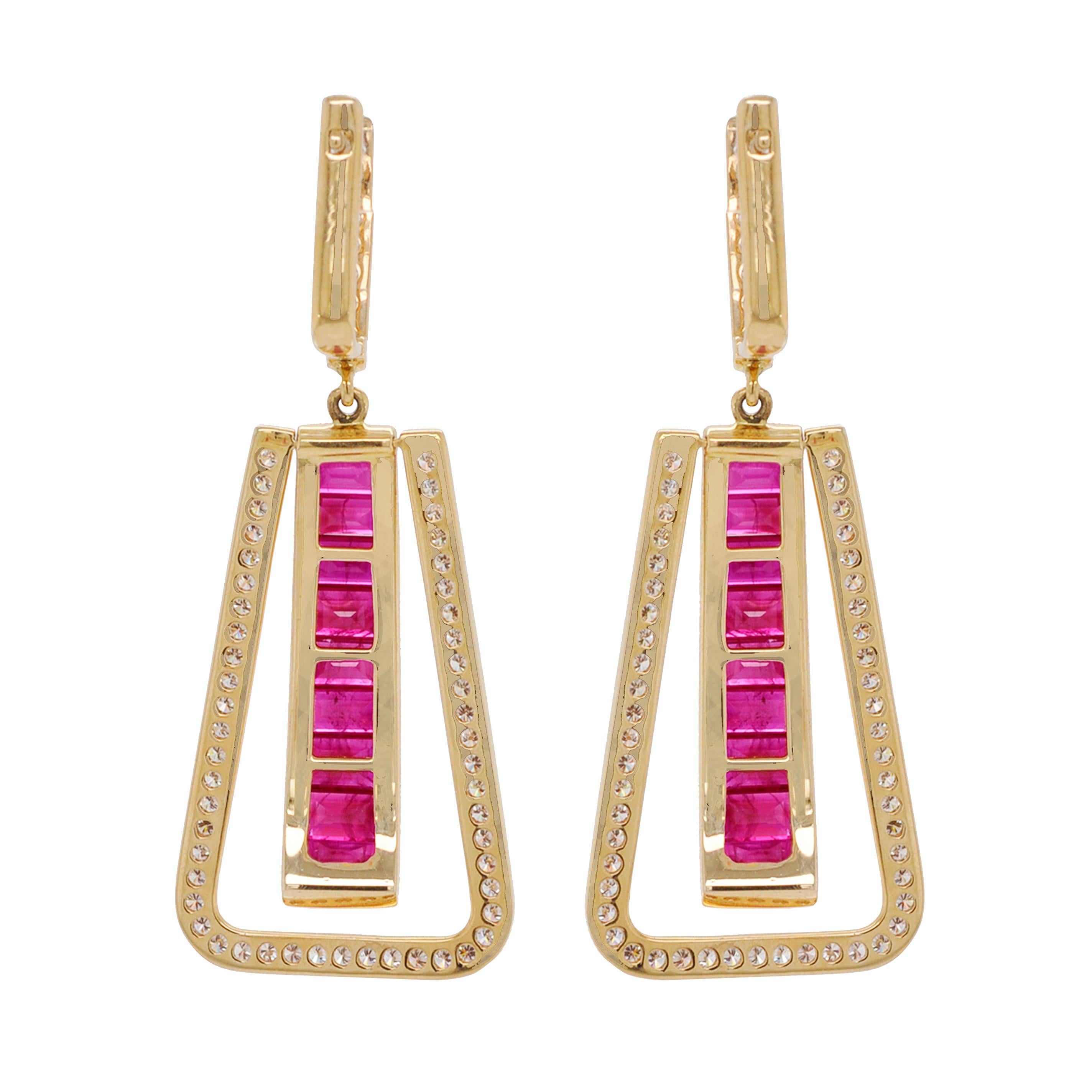 Art Deco Style 18 Karat Gold Channel Set Ruby Baguette Diamond Linear Earrings In New Condition For Sale In Jaipur, Rajasthan