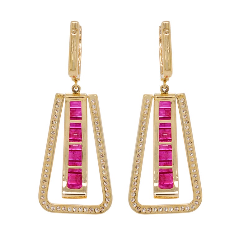 Art Deco Style 18 Karat Gold Channel Set Ruby Baguette Diamond Linear