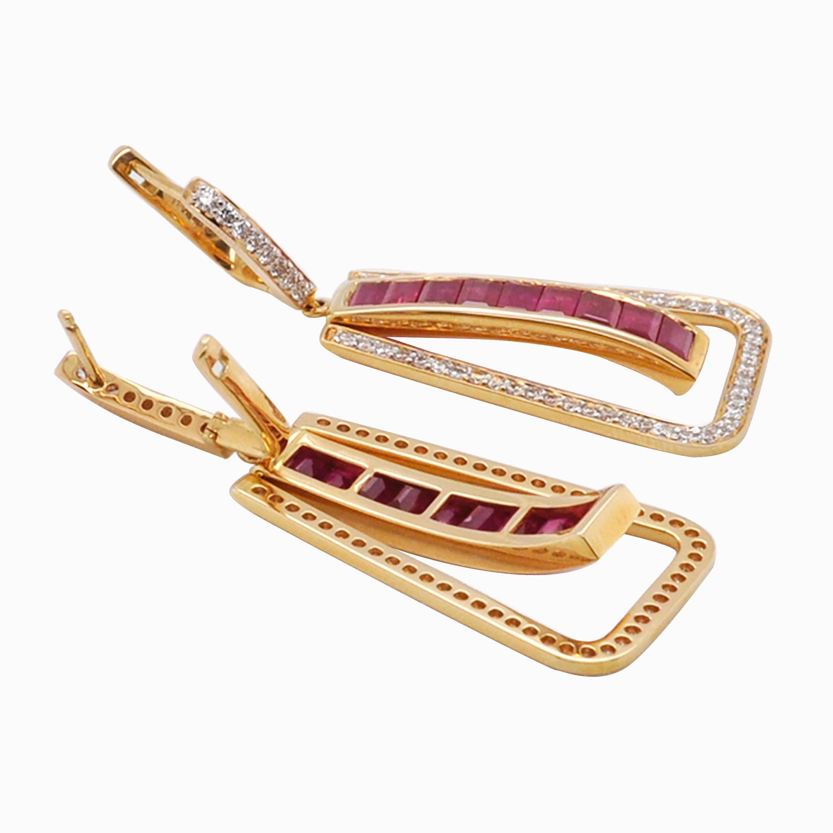 Women's Art Deco Style 18 Karat Gold Channel Set Ruby Baguette Diamond Linear Earrings For Sale