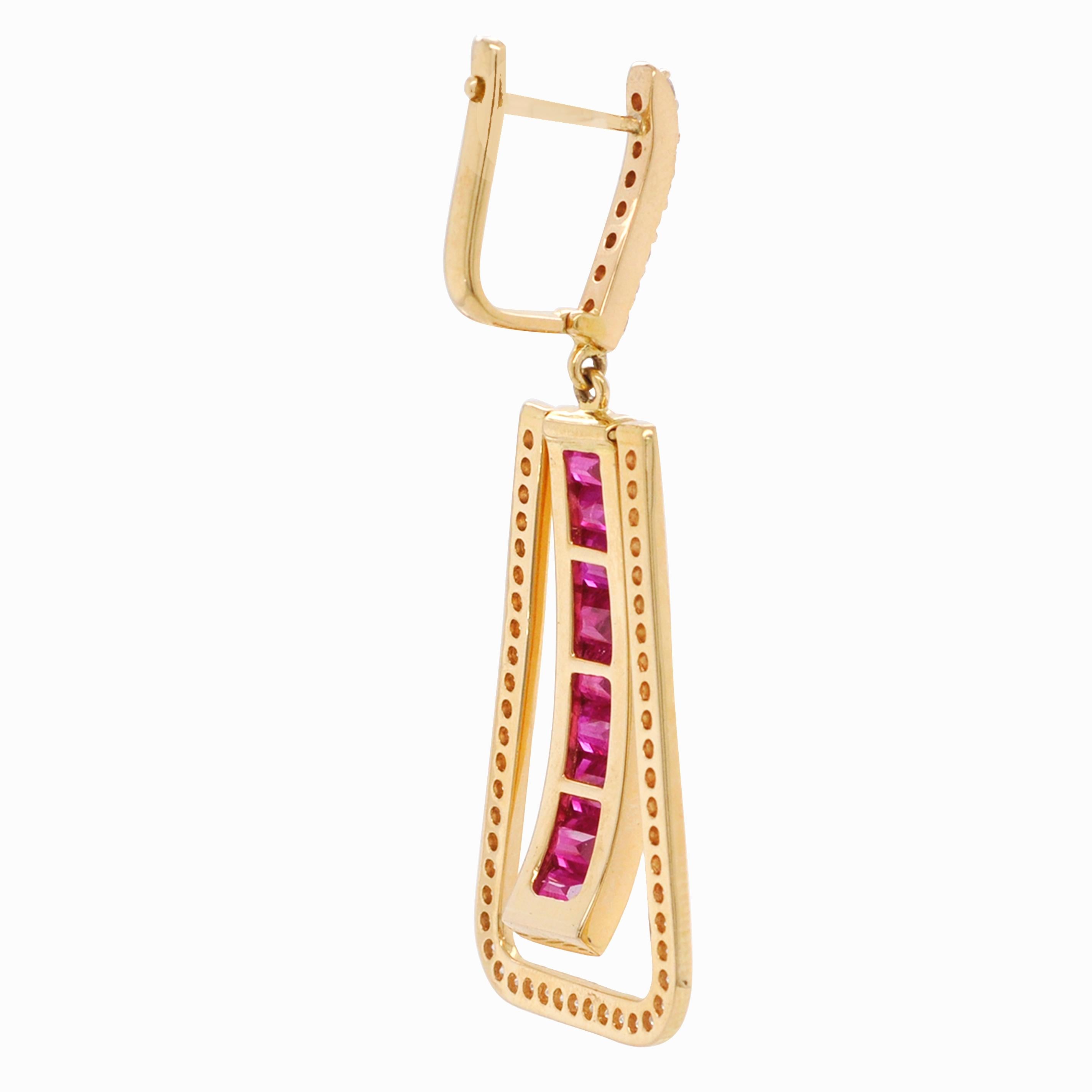 Art Deco Style 18 Karat Gold Channel Set Ruby Baguette Diamond Linear Earrings For Sale 1