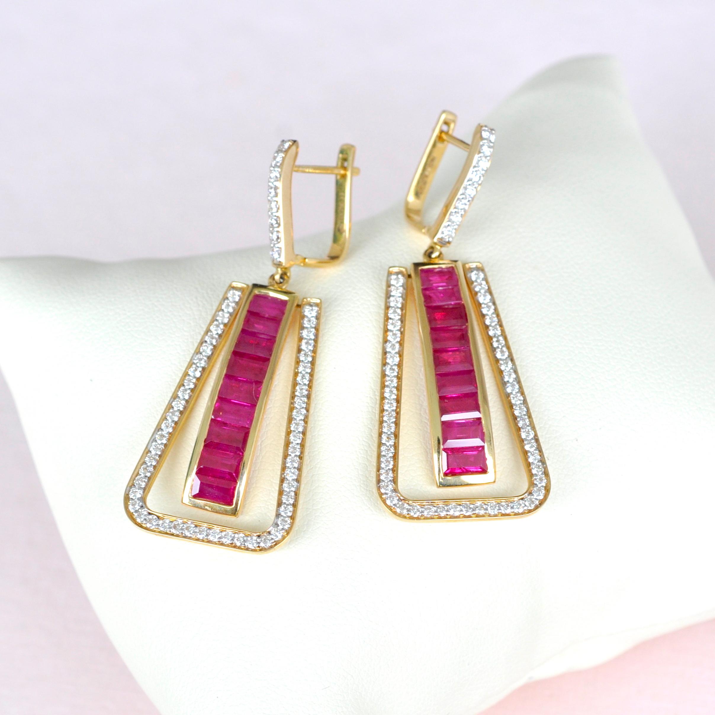 Art Deco Style 18 Karat Gold Channel Set Ruby Baguette Diamond Linear Earrings For Sale 2