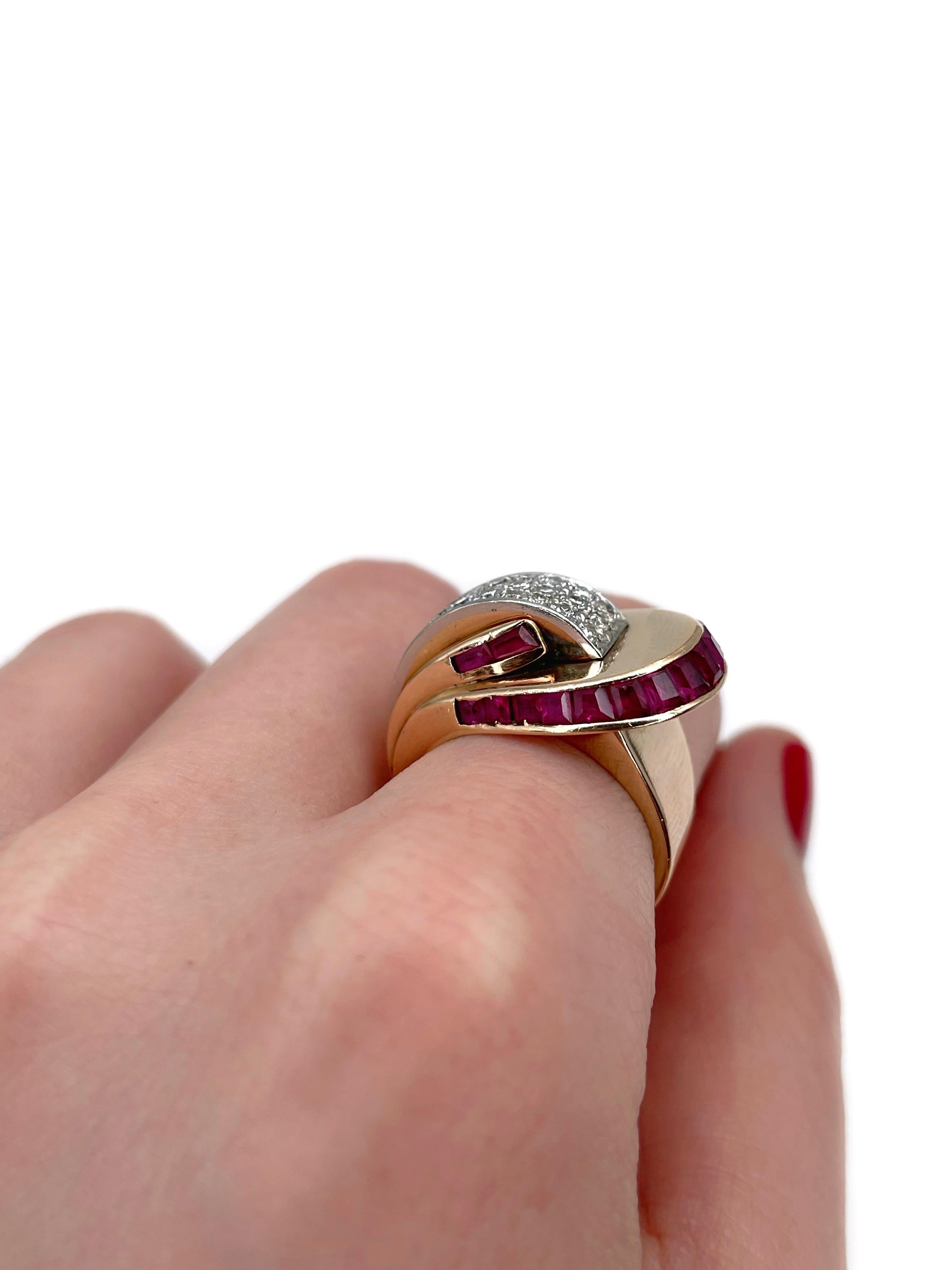 Anillo Cóctel Tanque Art Déco Oro 18 Kilates Rubí Diamante Art Decó en venta
