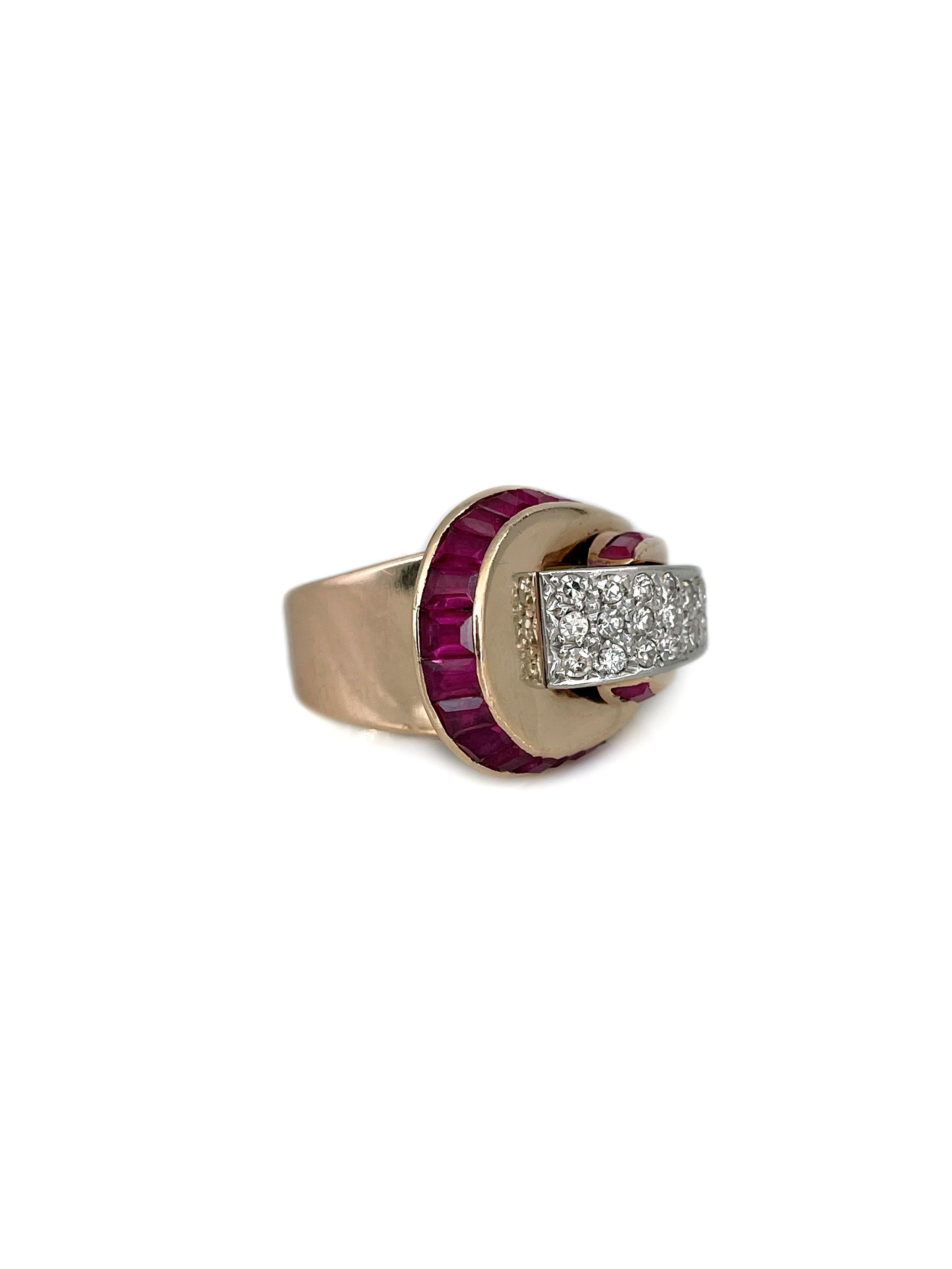 Anillo Cóctel Tanque Art Déco Oro 18 Kilates Rubí Diamante Corte mixto en venta