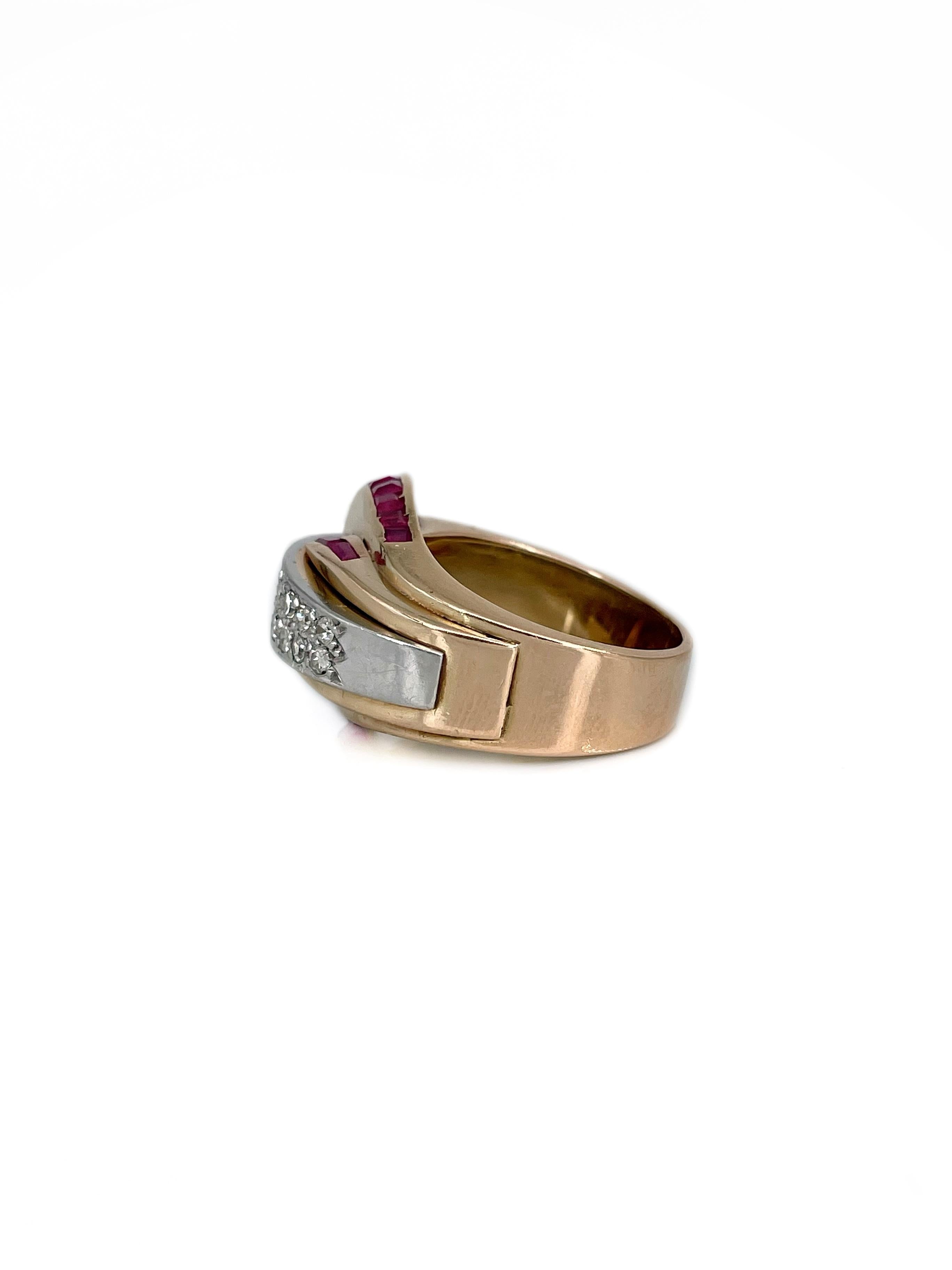 Anillo Cóctel Tanque Art Déco Oro 18 Kilates Rubí Diamante en Bueno estado para la venta en Vilnius, Vilniaus apskr.