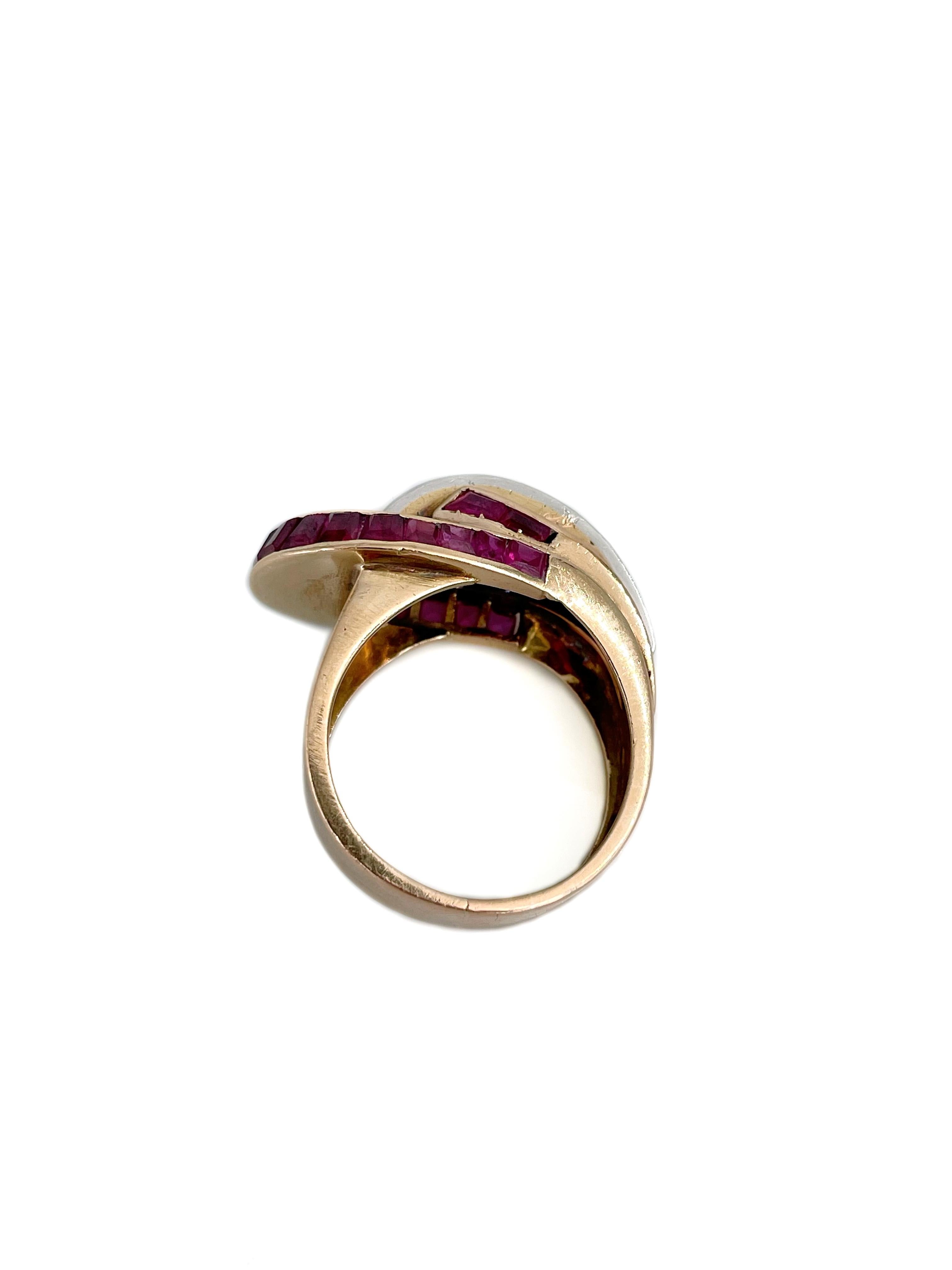 De las mujeres Anillo Cóctel Tanque Art Déco Oro 18 Kilates Rubí Diamante en venta