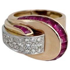 Anillo Cóctel Tanque Art Déco Oro 18 Kilates Rubí Diamante
