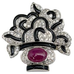 Art Deco 18 Karat Gold Ruby Diamond Enamel Flower Vase Brooch Pendant