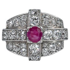 Art Deco 14 Karat Gold 0.6 Carat Ruby 2.4 Carat Old Cut Diamond Cocktail Ring