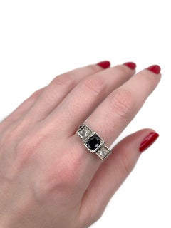 Art Deco 18 Karat Gold Sapphire Old Mine Cut Diamond Three-Stone Ring