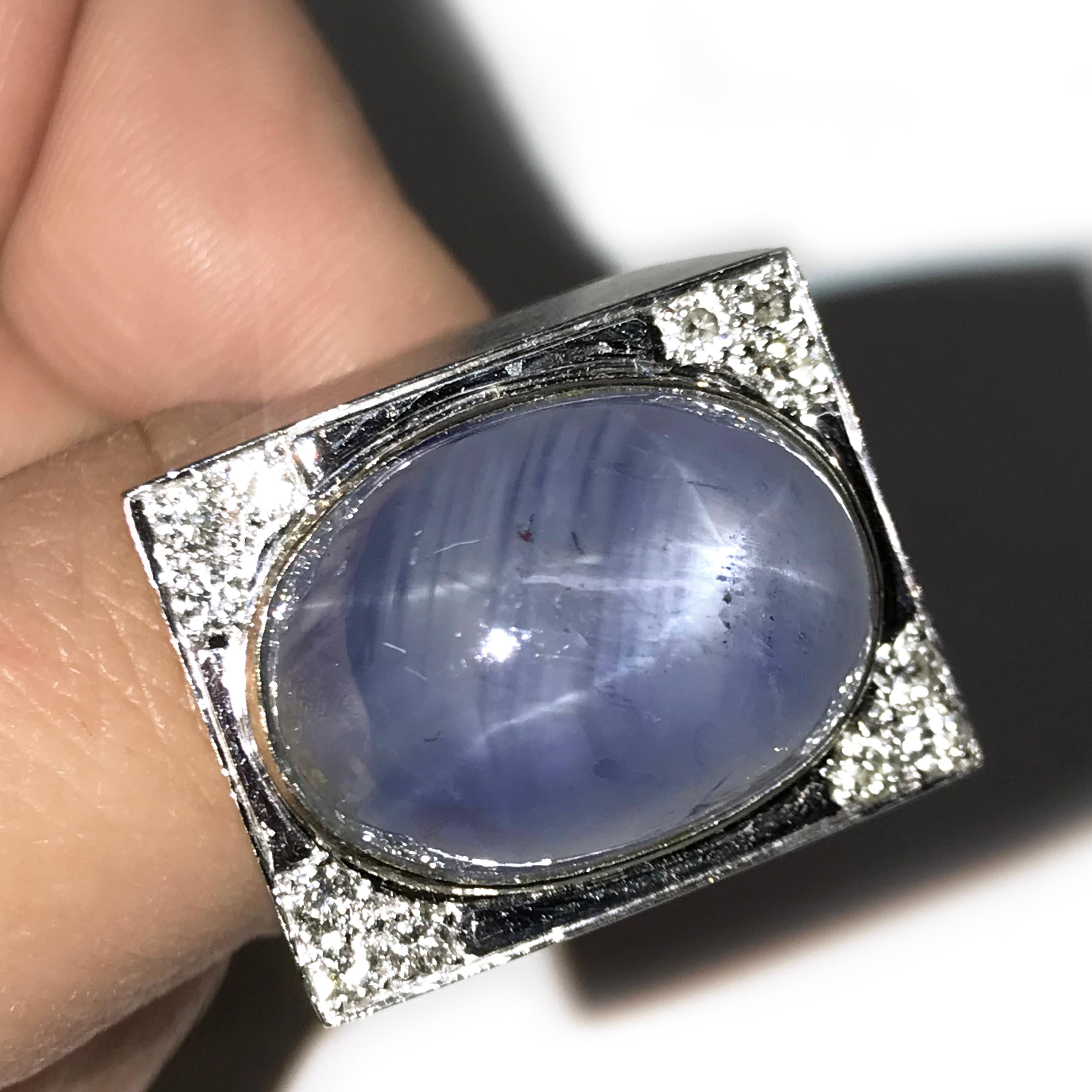 Women's or Men's Art Deco White Gold Star Sapphire Diamond Ring For Sale