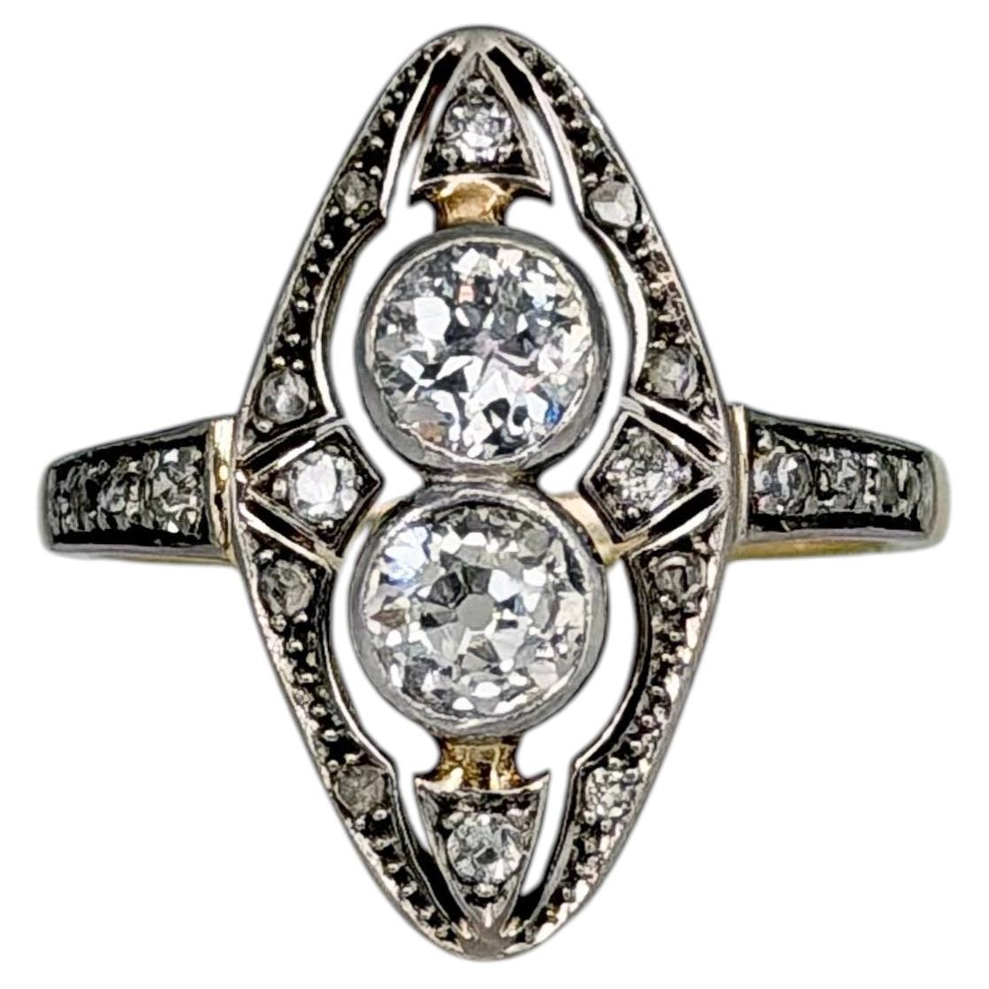 Art Deco 14 Karat Gold TW 0.93 Carat Old Cut Diamond Navette Cocktail Ring For Sale