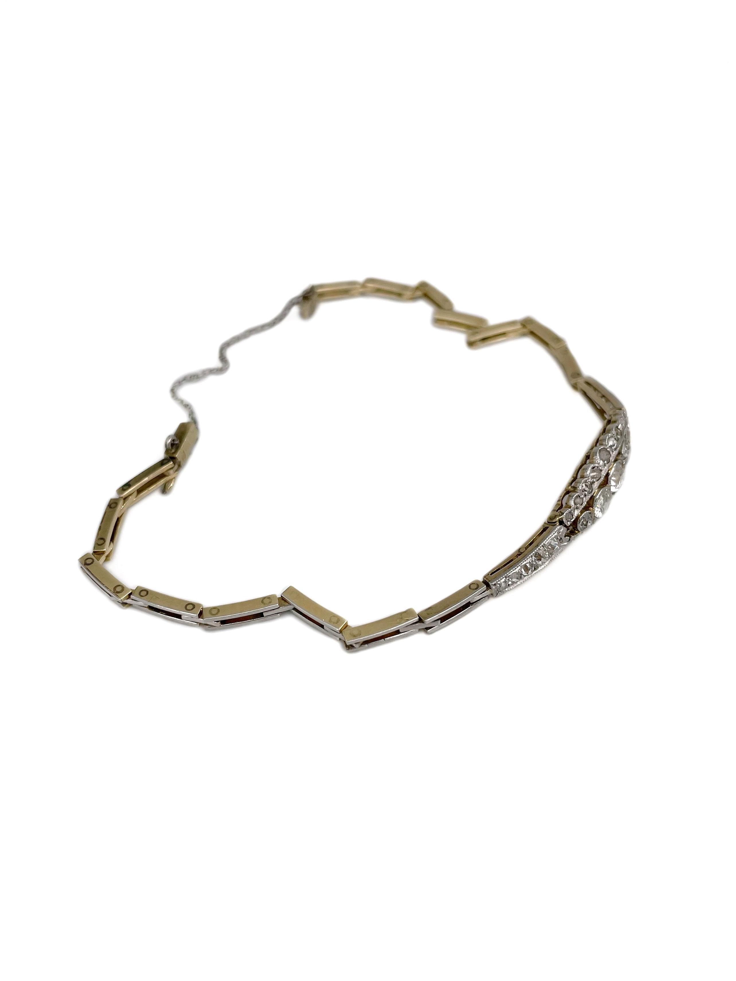 Mixed Cut Art Deco 18 Karat Gold TW 0.87 Carat Old Cut Diamond Link Bracelet For Sale