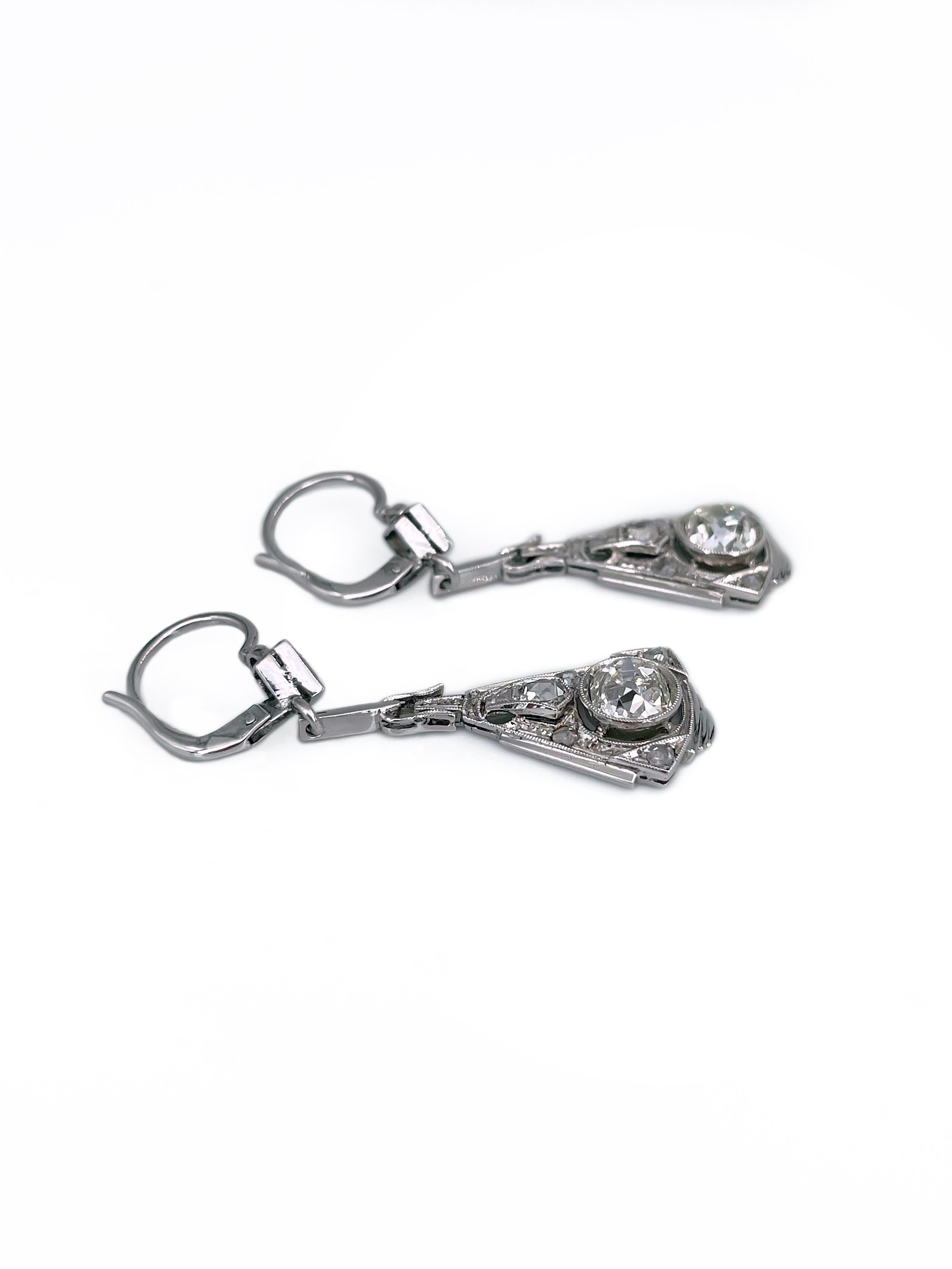 Art Deco 18 Karat Gold TW 1,20 Karat Diamant-Tropfen-Ohrringe mit Klappbrisur mit Altschliff (Gemischter Schliff)