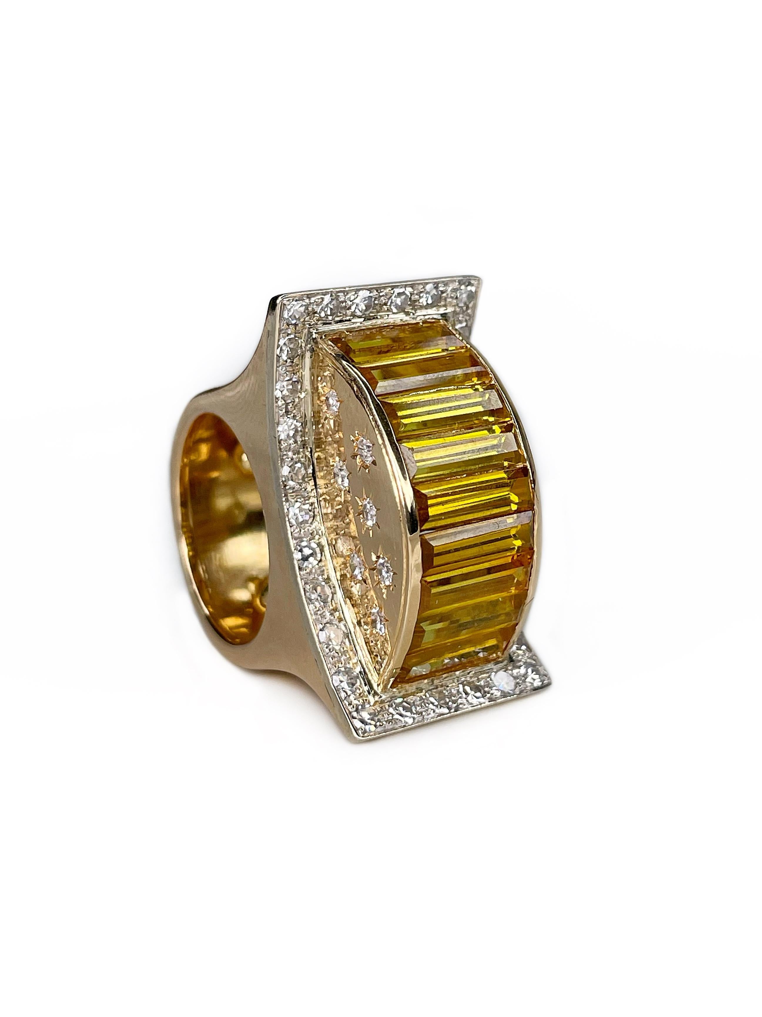 Art Deco 18 Karat Gold 6.0 Carat Yellow Sapphire 1.4 Carat Diamond Cocktail Ring 5