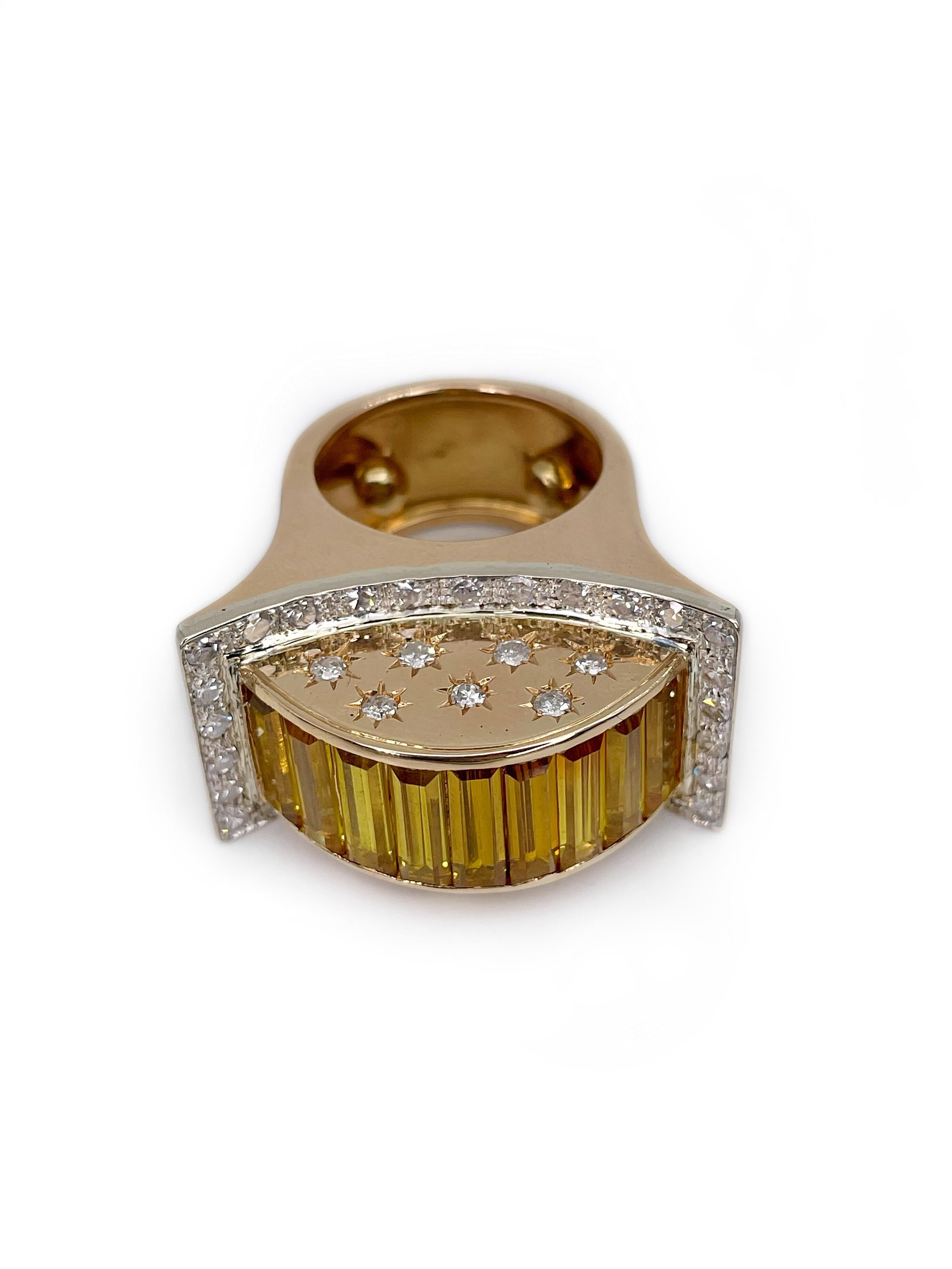 Art Deco 18 Karat Gold 6.0 Carat Yellow Sapphire 1.4 Carat Diamond Cocktail Ring 3