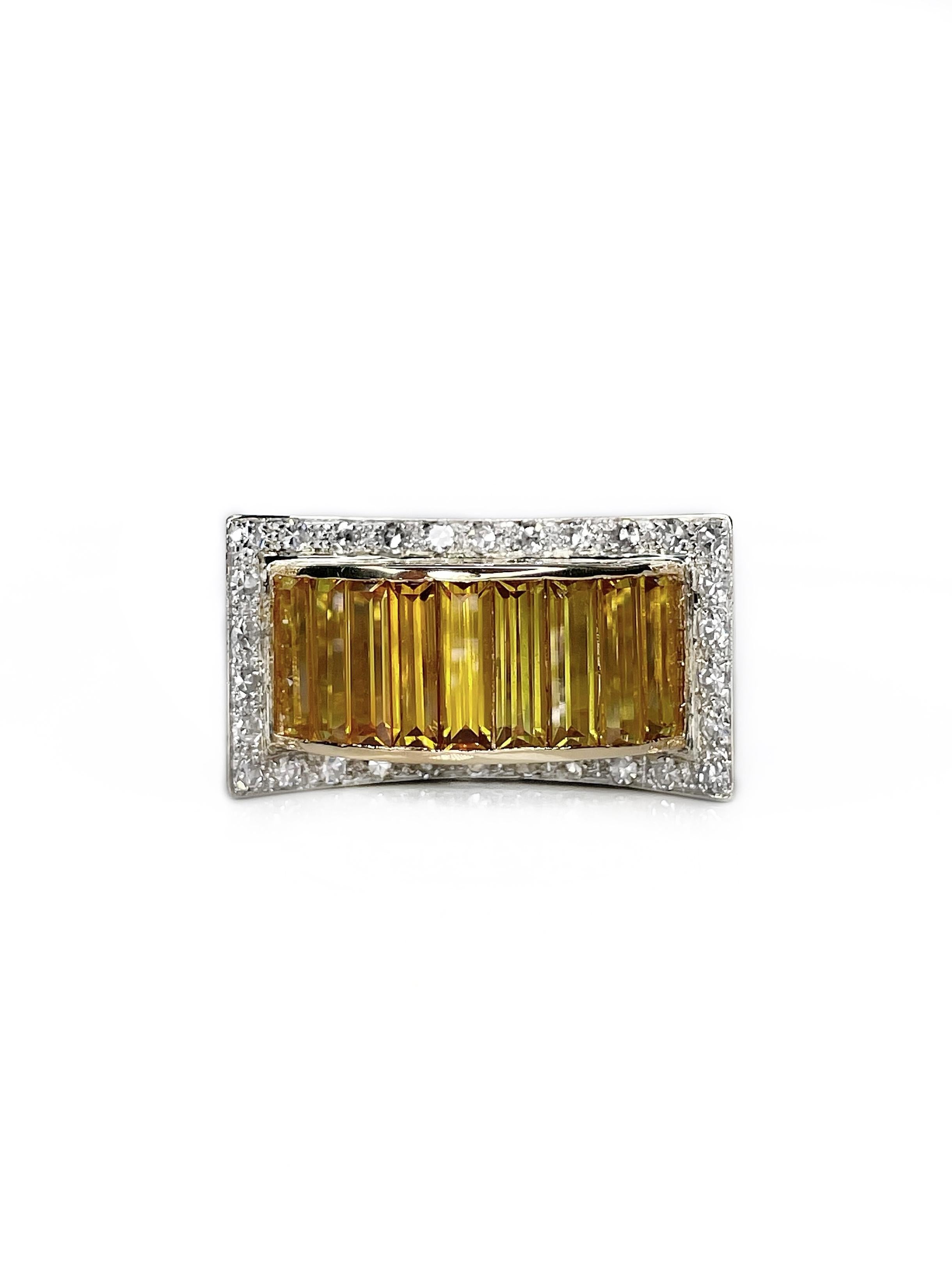 Art Deco 18 Karat Gold 6.0 Carat Yellow Sapphire 1.4 Carat Diamond Cocktail Ring 4