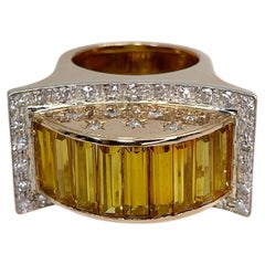 Art Deco 18 Karat Gold Yellow Sapphire Diamond Massive Cocktail Ring